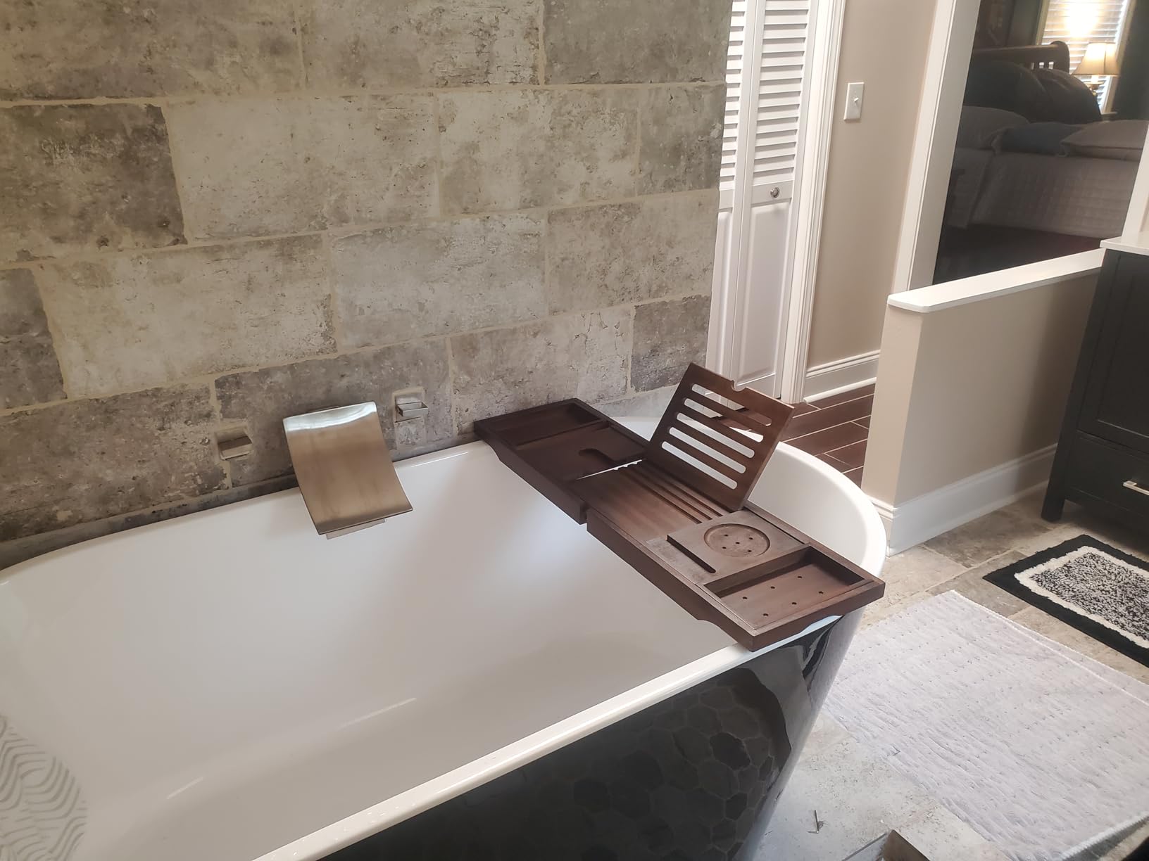 Expandable Solid Teak Wood Bathtub Caddy Tray, Adjustable Bath Tub Organizer for Bathroom Spa, Luxury Bath Accessories (Dark Natural Teak, Non‑Foldable Structure) customer photo 2