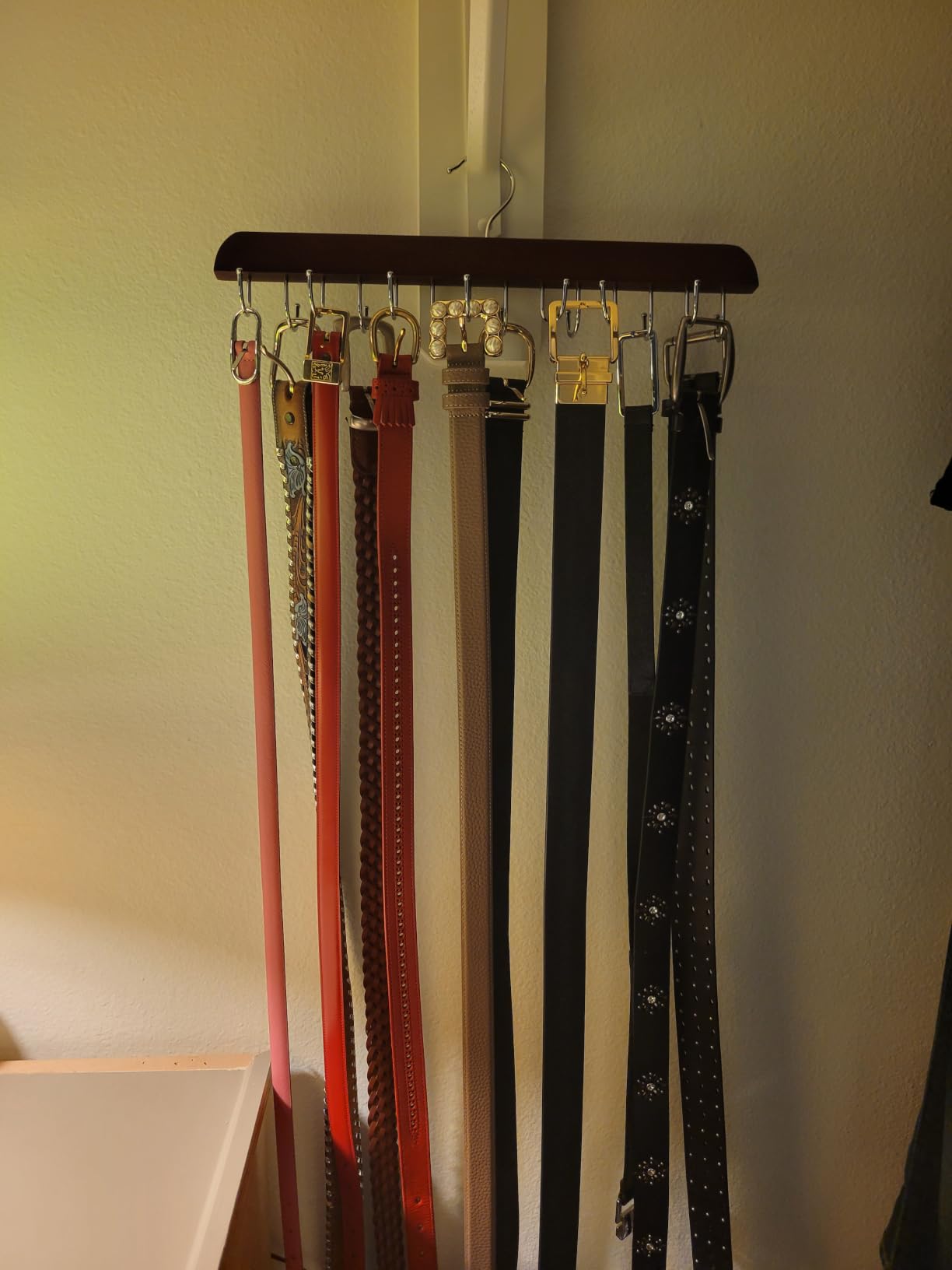 Belt Hanger for Closet with 14 Hooks, Belt Organizer Max 42 Belts Capacity | Wooden Belt Holder Closet Accessories, Versatile Space Saving Hanger for Closet Organizer Storage Belts, Hats - Mahogany customer photo 2