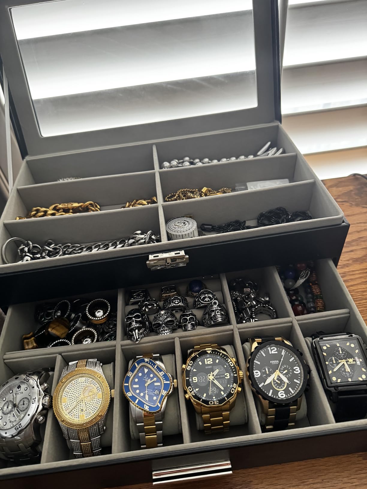 Lifewit 2 Layer Sunglasses & Watch Organizer, Glass Lid Display Case, Black | 6 slots for eyewear and watches, extra space for rings brooches, multiple eyeglasses display case for men, 14 x 8 x 5 inch customer photo 2