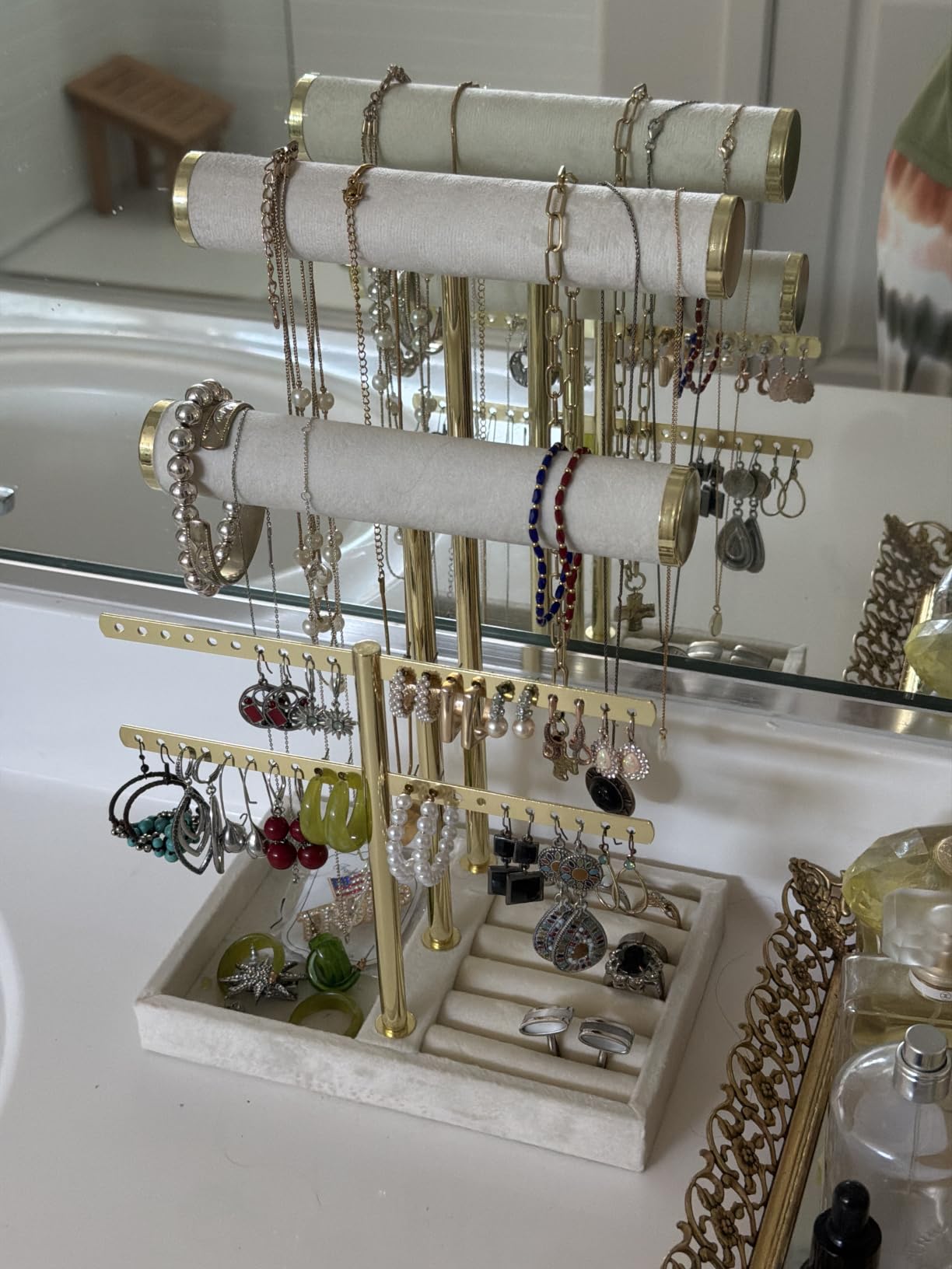 bussdis 3 Tier Bracelet Holder Display - Detachable T Bar Beige Velvet Bracelet Holder, Jewelry Holder Organizer for Bracelet, Necklace, Earrings, Rings customer photo 2