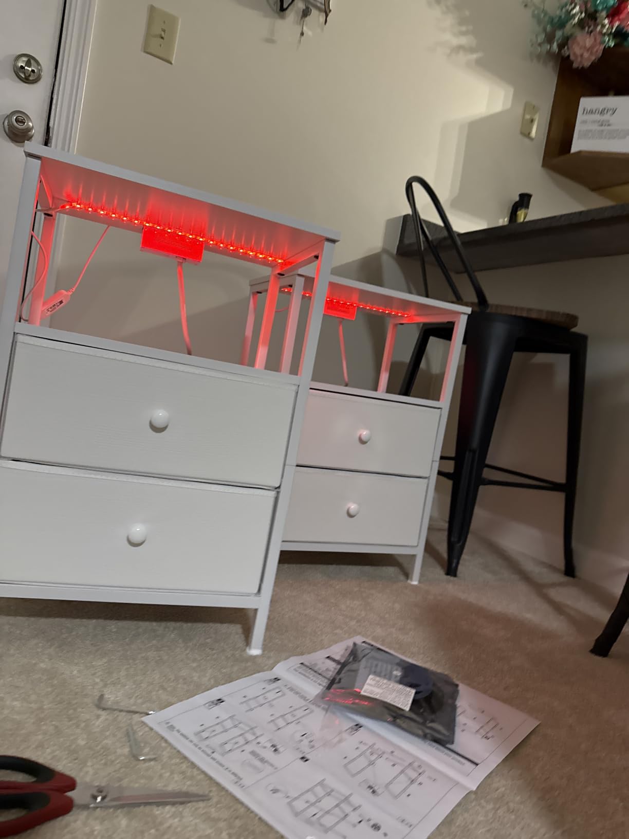 BOLUO White Nightstand with Charging Station, LED Night Stand with 2 Fabric Drawers, Bedside Table with USB Ports and Outlets, Nightstand for Bedroom Modern customer photo 2