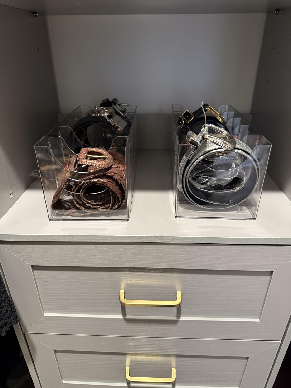 Belt Organizer - 2 Pack Clear Stackable Belt holder For Closet Drawer Storage - 5 Compartments with Removable Dividers, Multi-Purpose Display Bins With Inserts For Ties,Socks,underwear (2) customer photo 2