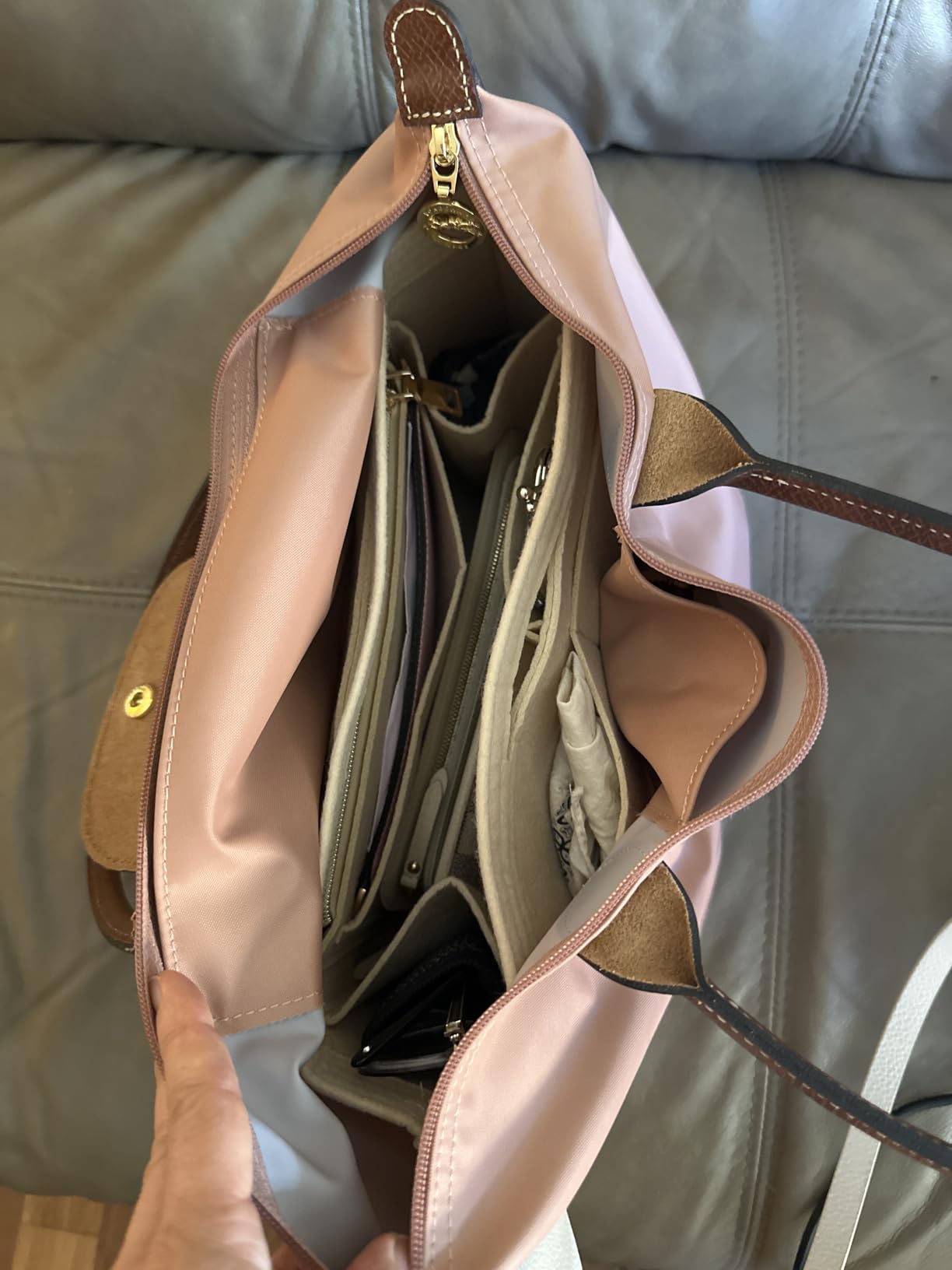 OPPOSHE Purse Organizer Insert for Longchamp Le Pliage, Premium Felt Long Champ Bag Handbag Women, Tote Organizer Insert with 9 Compartments (Large, Beige) customer photo 2