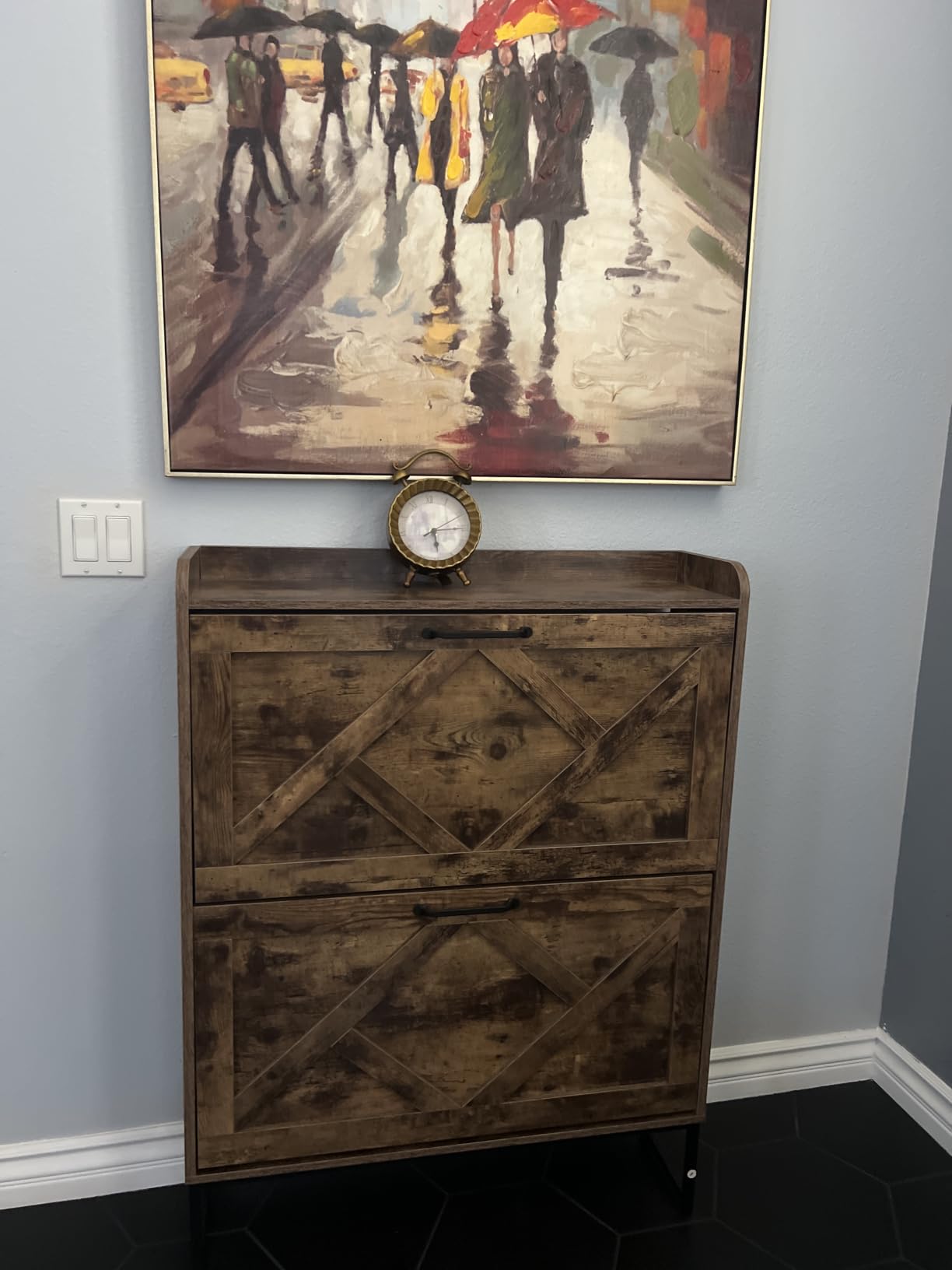 Shoe Storage Cabinet with 2 Flip Drawers, Freestanding Wood Shoe Organizer with Metal Legs, Farmhouse Slim Shoe Rack for Entryway, Foyer, Hallway, Rustic Brown customer photo 1