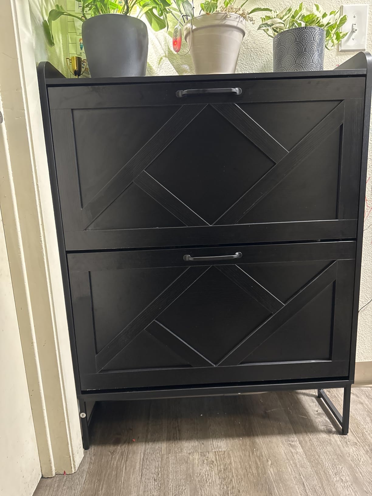 Shoe Storage Cabinet with 2 Flip Drawers, Freestanding Wood Shoe Organizer with Metal Legs, Farmhouse Slim Shoe Rack for Entryway, Foyer, Hallway, Rustic Brown customer photo 2