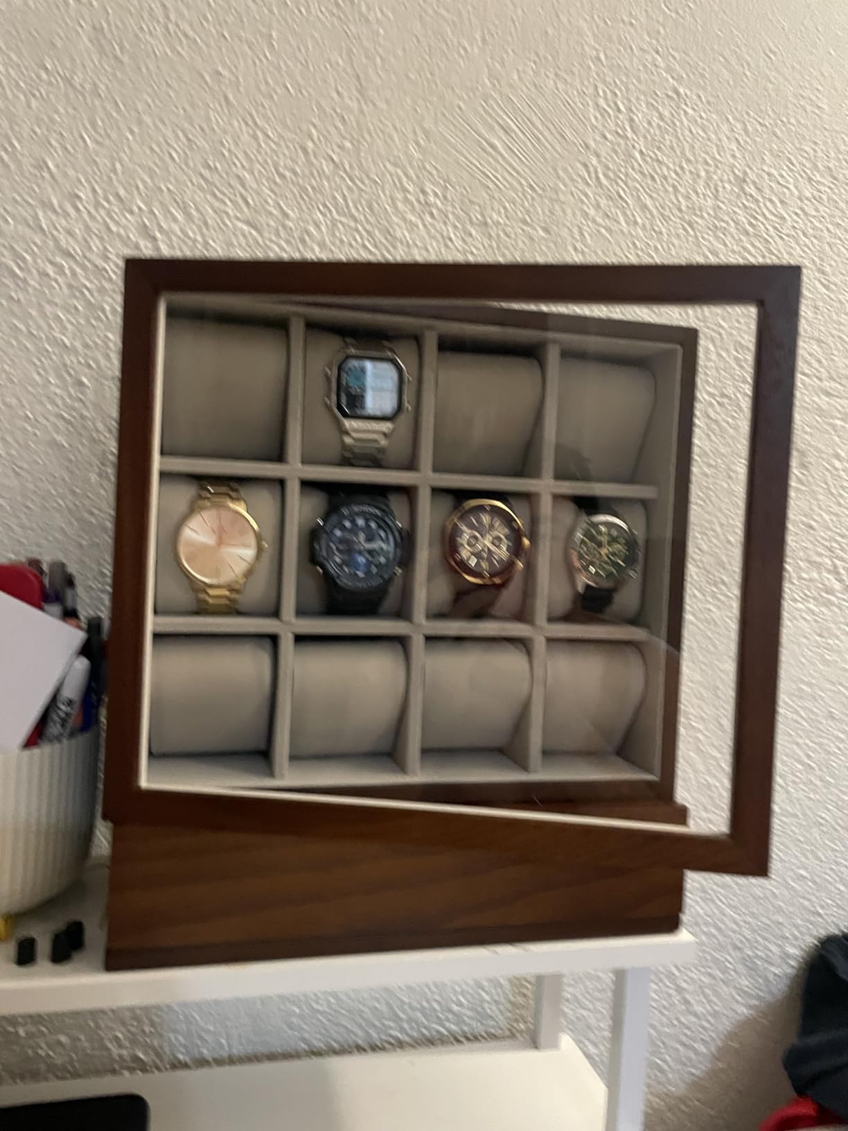 SONGMICS Watch Box 12 Slots with Glass Windows, 360 Rotating Vertical Watch Display Case, Jewelry Sunglasses Ring Storage, 10 Necklace Hooks, Removable Pillows, Velvet Lining, Ink Black UJWB028B01 customer photo 2