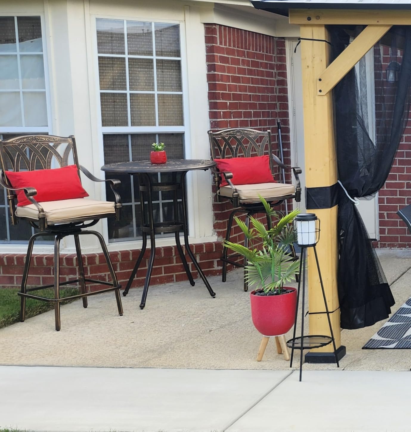 3 Piece Swivel Outdoor Table and Chairs Bar Set, All-Weather Cast Aluminum Outdoor High Top Patio Bar Set Bistro Set, High Swivel Stools with Cushions Umbrella Hole for Balcony, Poolside, Garden, Lawn customer photo 1
