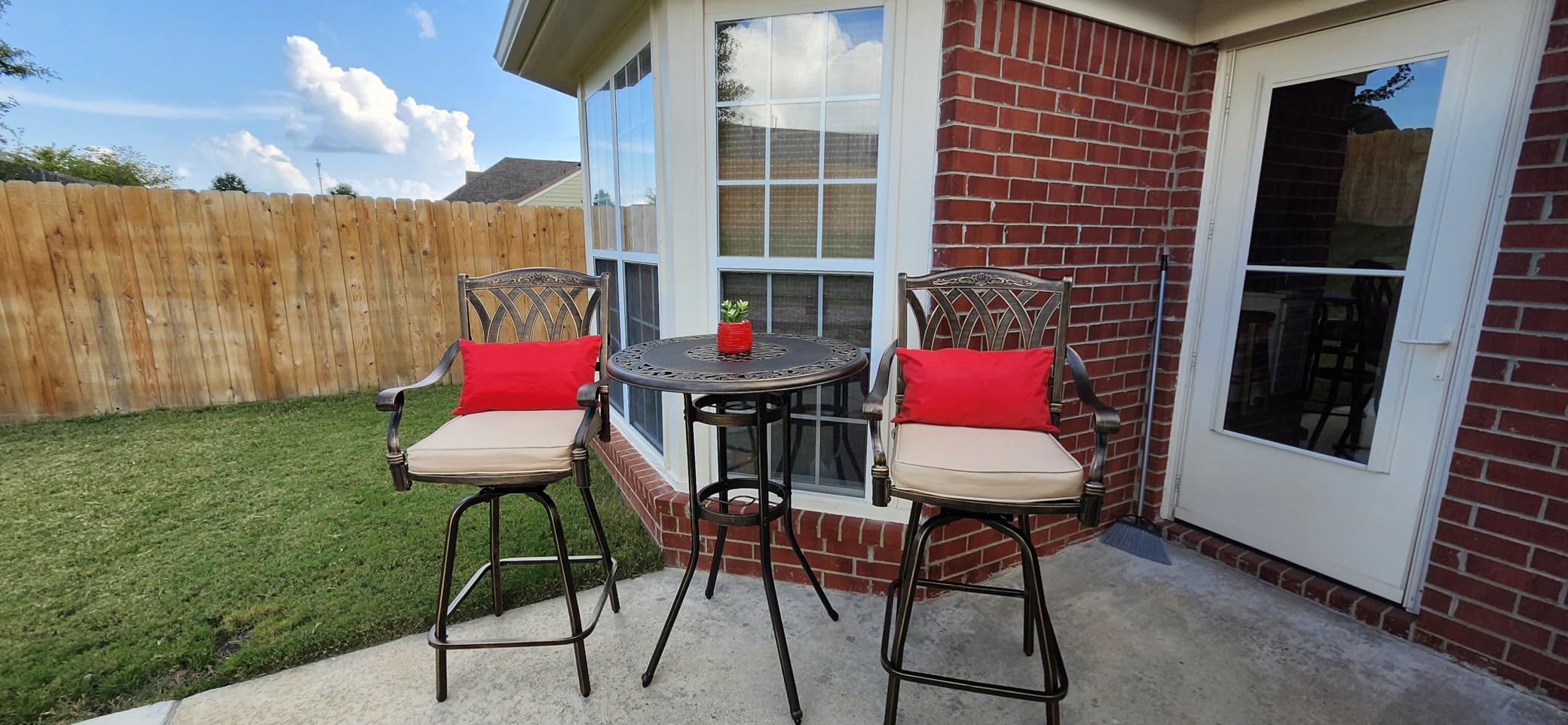 3 Piece Swivel Outdoor Table and Chairs Bar Set, All-Weather Cast Aluminum Outdoor High Top Patio Bar Set Bistro Set, High Swivel Stools with Cushions Umbrella Hole for Balcony, Poolside, Garden, Lawn customer photo 2
