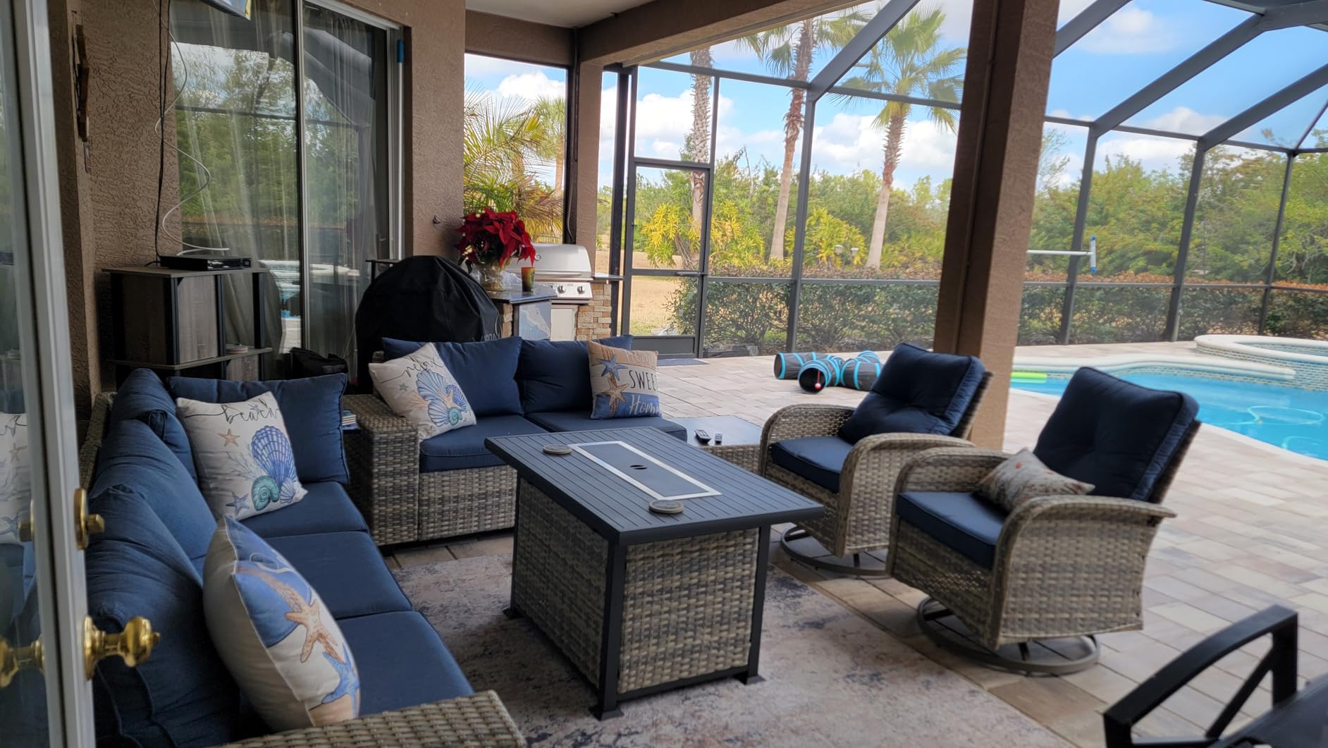 Outdoor Patio Furniture Set PE Wicker Rattan Outdoor Sectional Sofa | Patio Conversation Set with Rocking Swivel Chair, Chunky Arms Coffee Table & Thickened Cushions for Porch 9PCS, Navy Blue customer photo 2