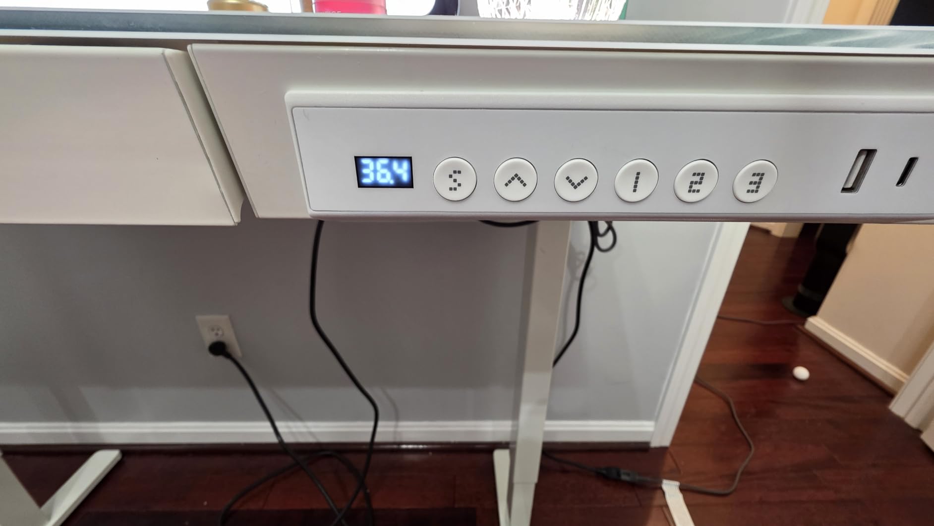 Marsail Glass Standing Desk with Drawer, 48 x 24 inch Electric Standing Desk, Height Adjustable Desk with One-Piece Tabletop & USB Charging Ports, Sit Stand Desk with Storage for Home & Office White customer photo 2