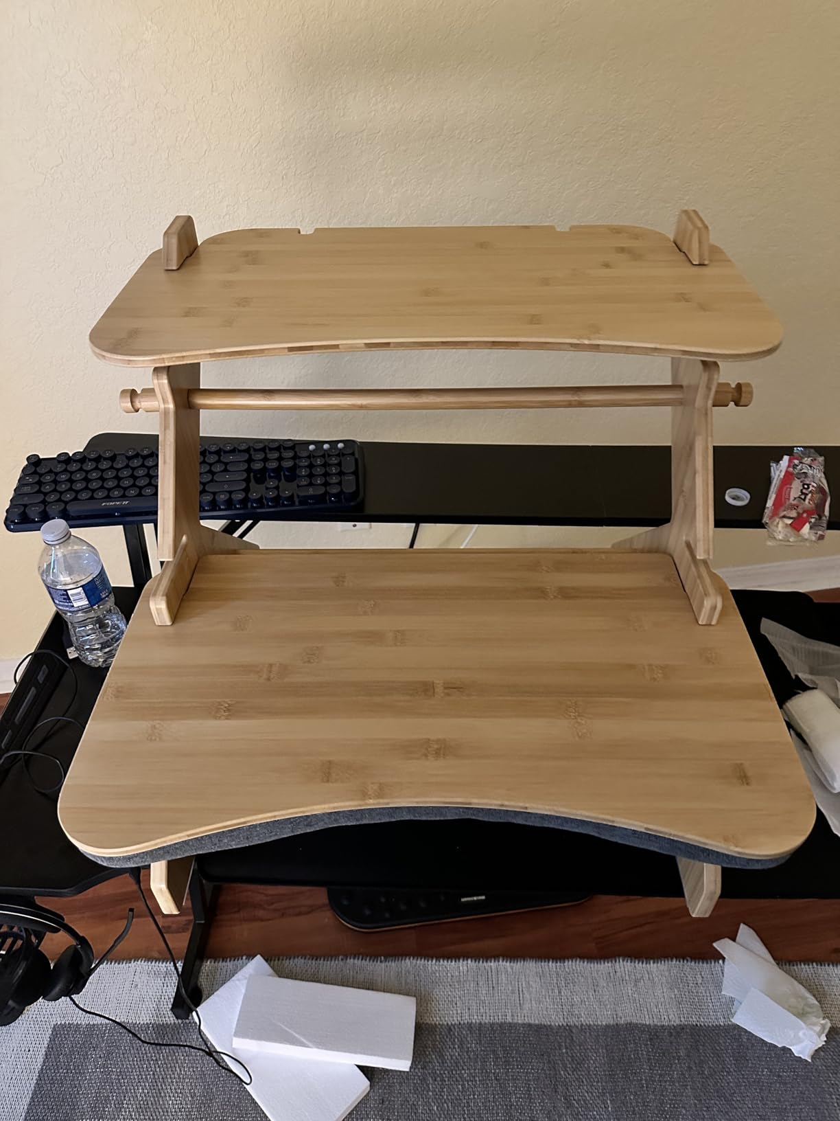 22 inch Standing Desk Converter, Bamboo Desk Riser with Lap Desk | Small Stand Up Desk for Monitor and Laptop, with Keyboard Tray, Computer Workstation for Home Office customer photo 1