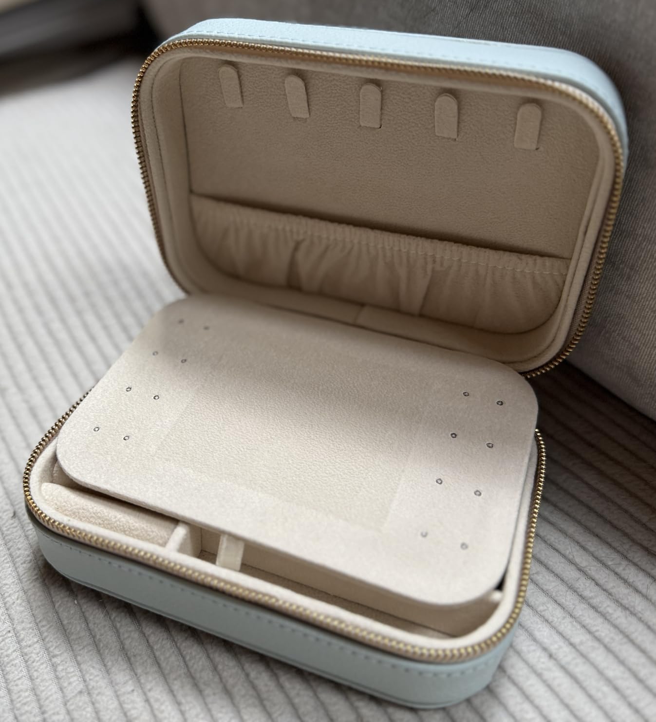 NGVRC Genuine Leather Travel Jewelry Organizer Case with Mirror for Women, Small Mini Portable Jewelry Box for Ring Earrings Necklace Bracelet Luxury Gift for Women (Cyan) customer photo 2