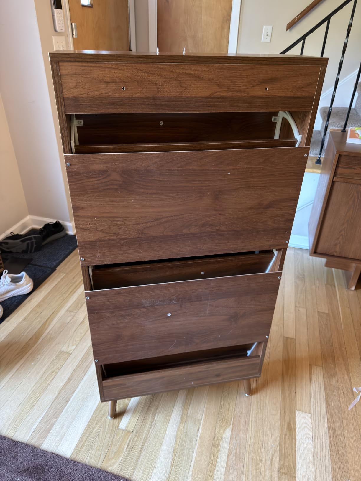 Fsbecl Shoe Storage Cabinet for Entryway with 4 Fluted Flip Drawers, Walnut | Slim Freestanding Shoe Organizer with Hidden Storage, Adjustable Shelves, Wooden 2-in-1 Hall Tree for Entryway Foyer, 18-24 Pairs customer photo 1