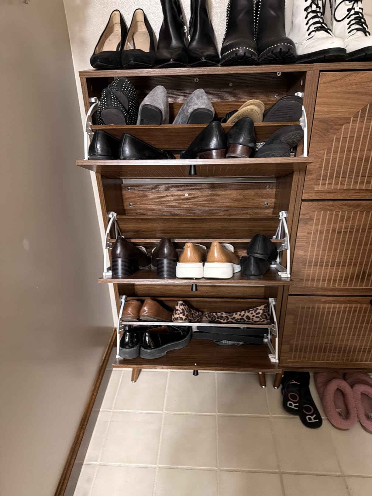Fsbecl Shoe Storage Cabinet for Entryway with 4 Fluted Flip Drawers, Walnut | Slim Freestanding Shoe Organizer with Hidden Storage, Adjustable Shelves, Wooden 2-in-1 Hall Tree for Entryway Foyer, 18-24 Pairs customer photo 2