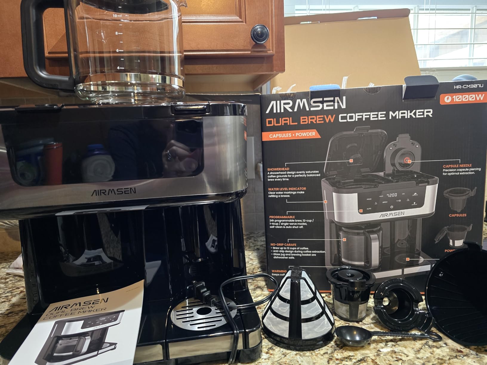 AIRMSEN 12-Cup Programmable Dual Coffee Maker - Single Serve Machine for K-Cup Pods & Ground, 1000W Fast Brew, Delay Start, 60oz Tank, Glass Carafe customer photo 2