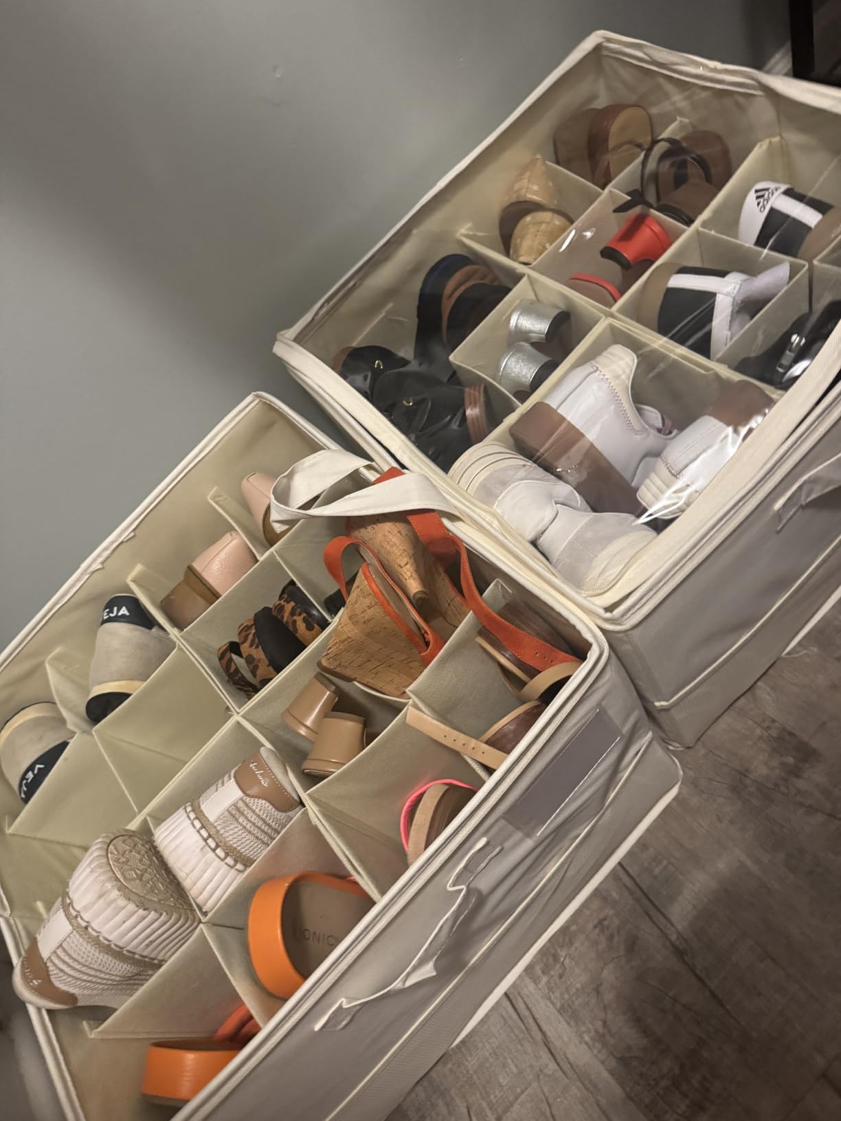 Plus Size 2 Pack Shoe Organizer for Closet, Foldable Shoe Storage Box | 16-24 Pair Shoe Storage with Adjustable Dividers, Clear Cover & Space Saving Closet Storage customer photo 1