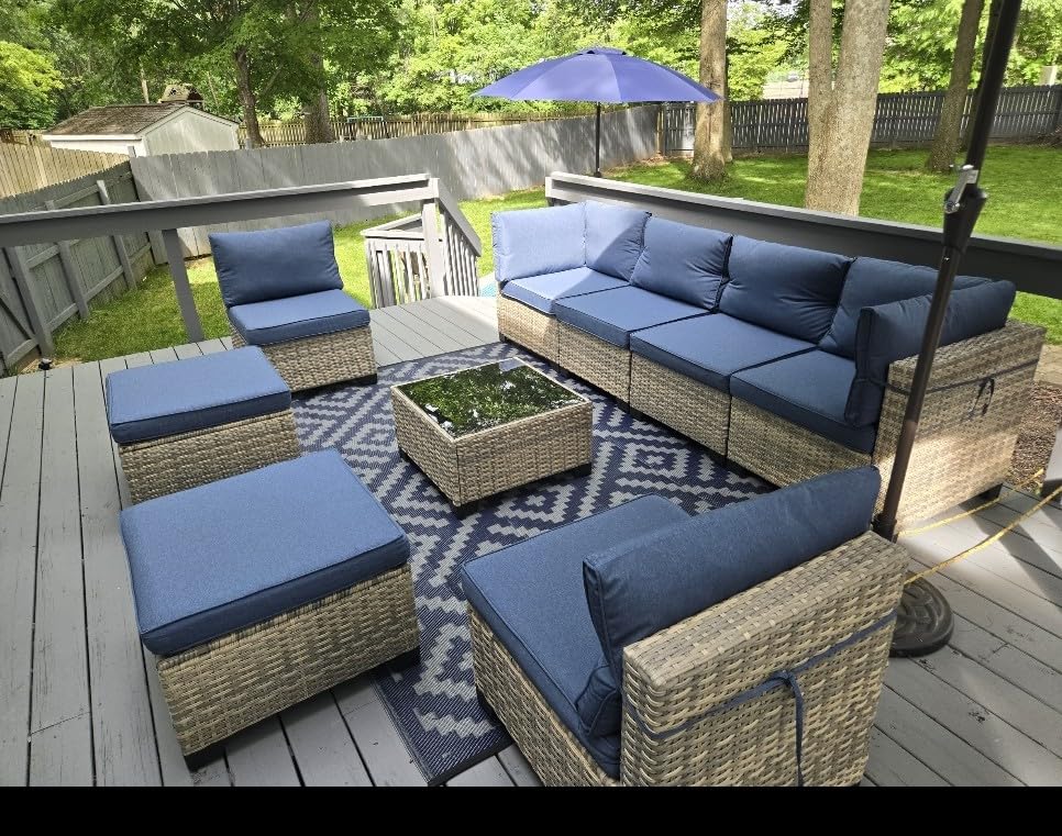 Outdoor PE Wicker Rattan Modular Patio Sectional Sofa Set | 9-Piece: 6 Modular Seats, Coffee Table & 2 Ottomans, Grey customer photo 1