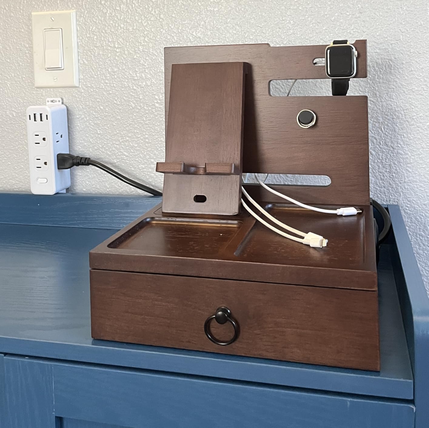 Wood Phone Docking Station with USB Ports and Outlets - Nightstand Organizer (Classic Black) customer photo 1