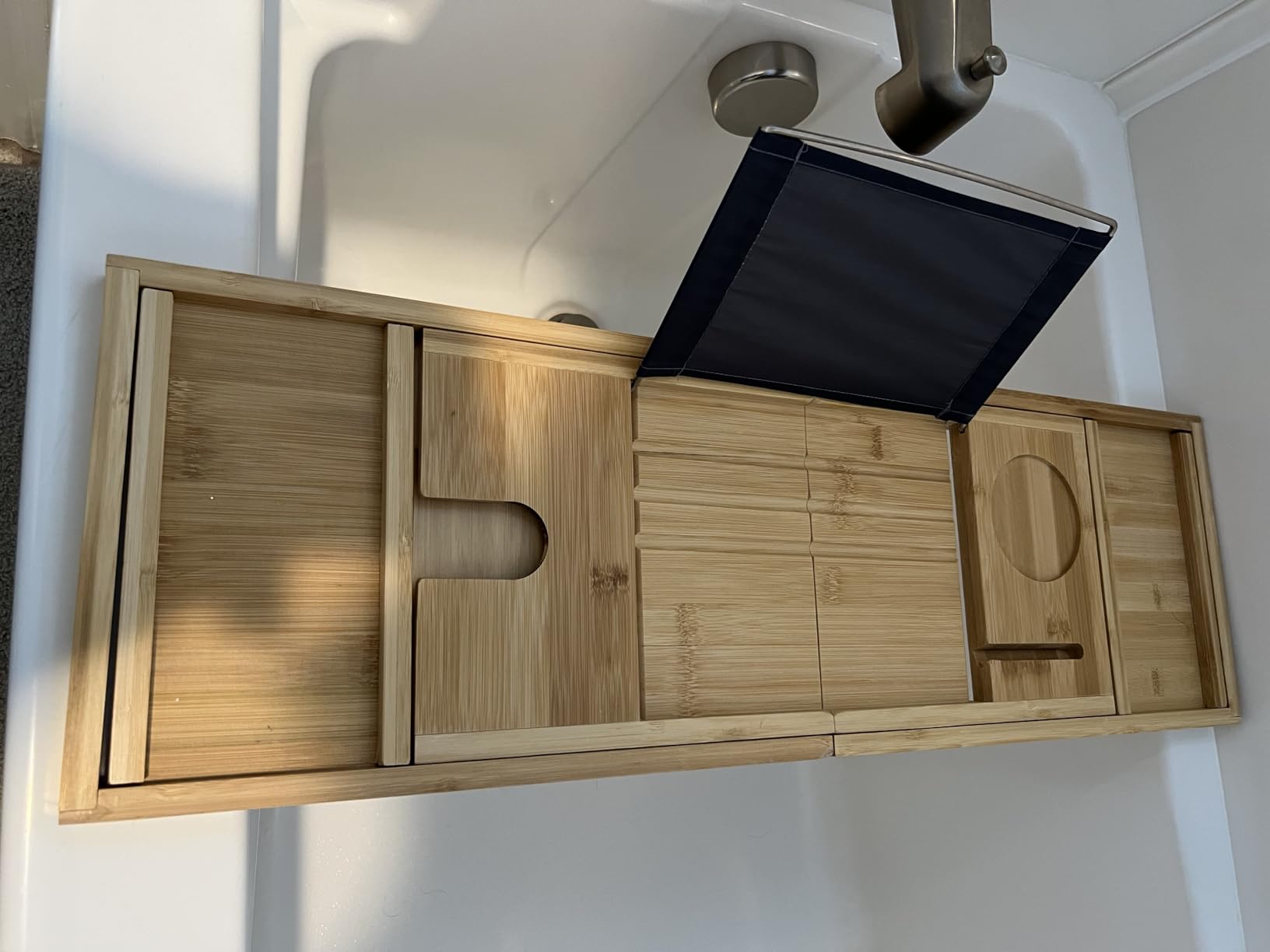 Home It Premium Foldable Bathtub Tray - Bamboo Waterproof Bath Tray for tub Caddy - Wooden Holder for Wine, Book, Soap, Phone, Luxury Gift for Men & Women - Expandable, Fits Most Tubs in Bathroom customer photo 2