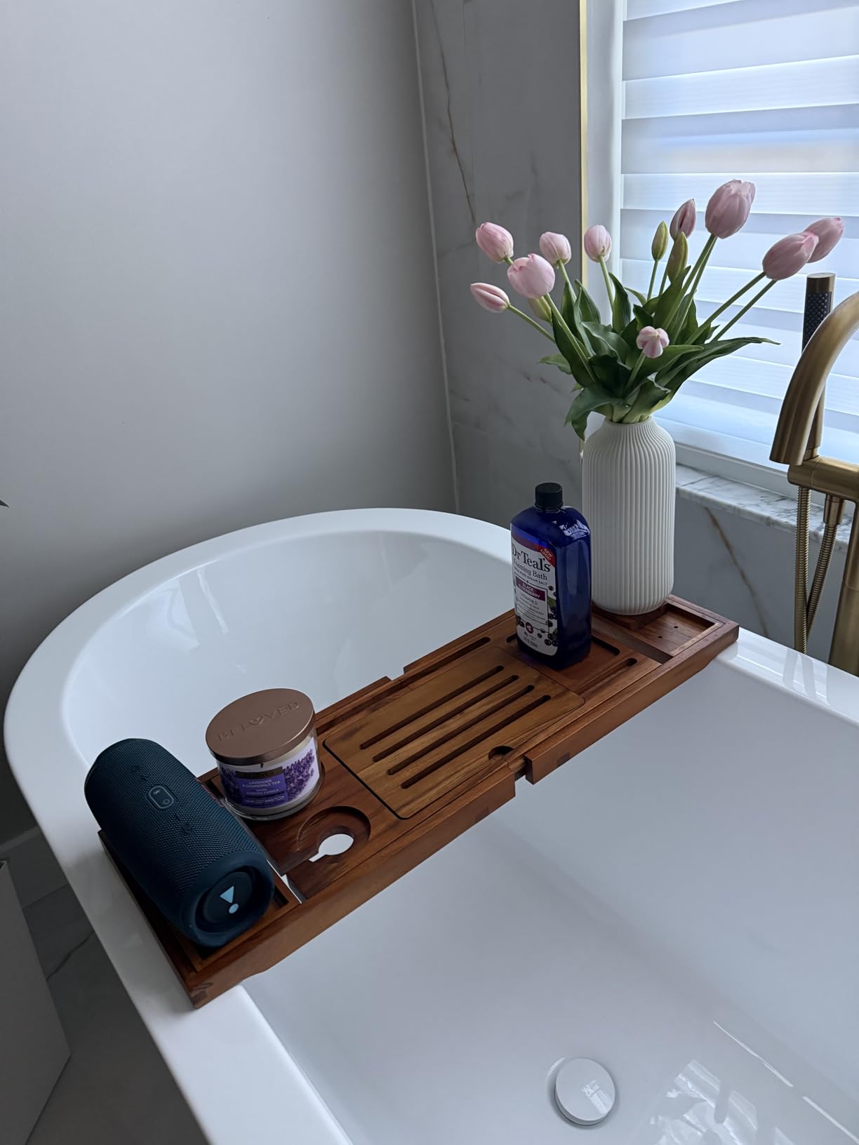 Teak Bathtub Tray Caddy, Adjustable Wood Bath Organizer | Rich Brown Wood Finish, Built-In Wine Glass Holder, Phone Dock & Book Stand, Water-Resistant Seal, Spa Design customer photo 1