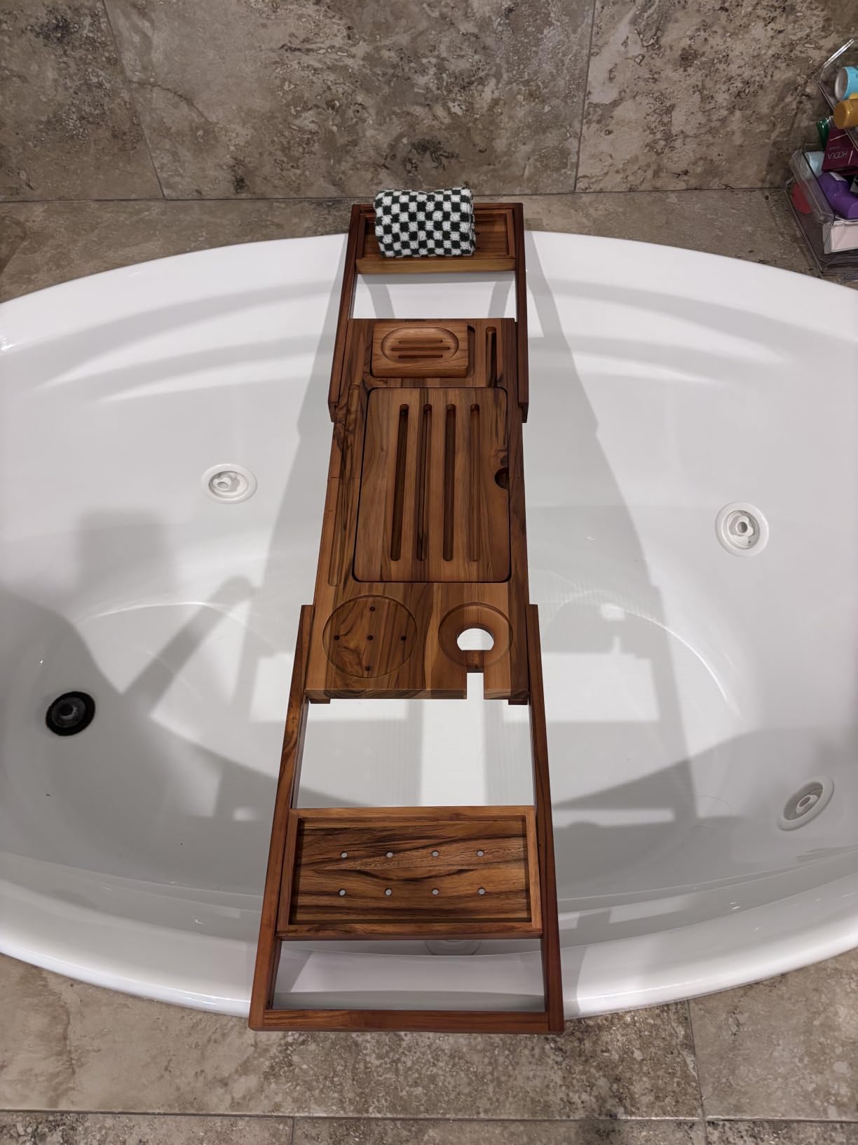 Teak Bathtub Tray Caddy, Adjustable Wood Bath Organizer | Natural Teak Wood Finish, Built-In Wine Holder, Tablet & Book Stand, Water-Resistant Seal, Fits Most Tubs customer photo 2