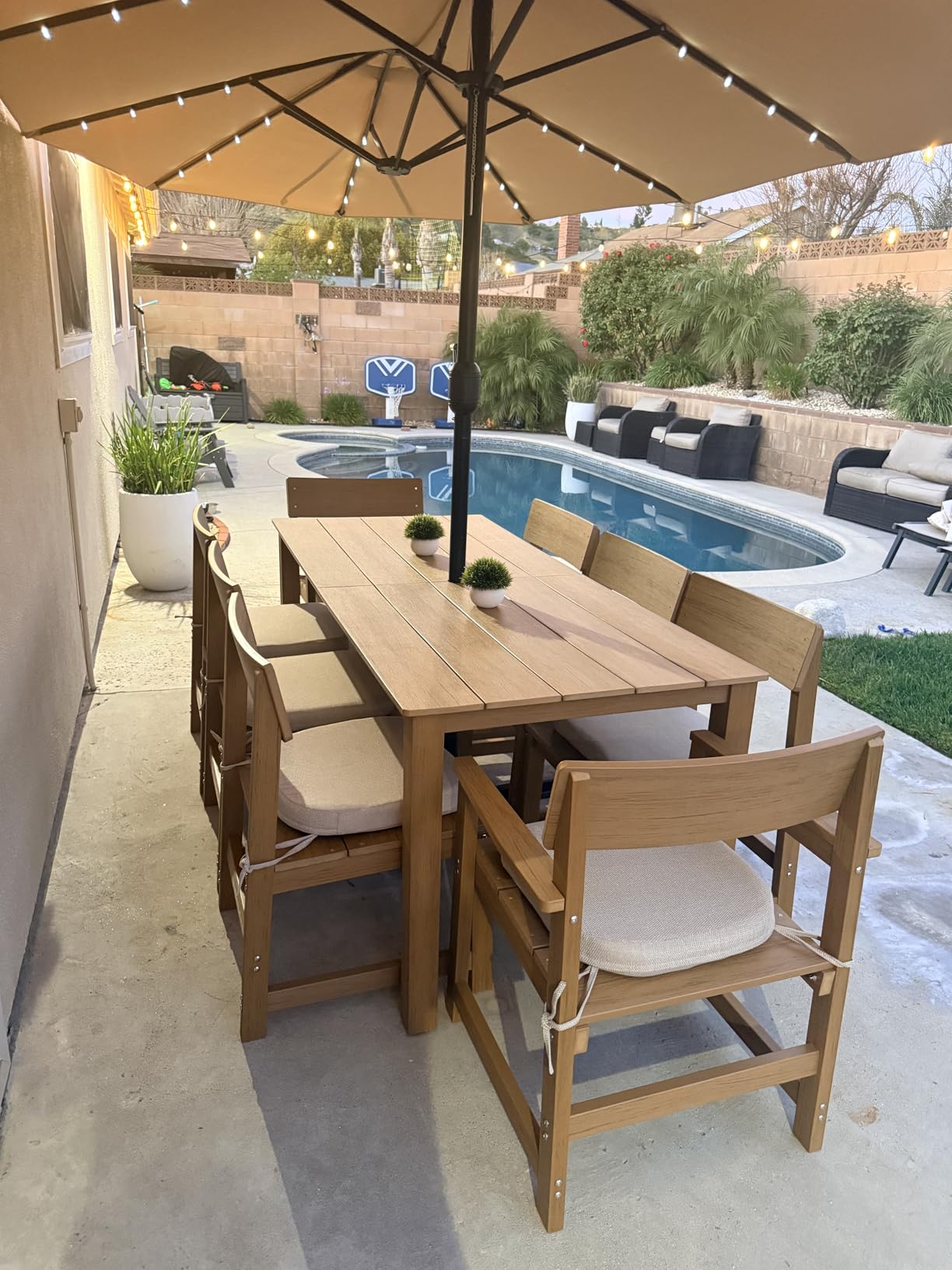 Jocoevol 9 Piece Patio Dining Set for 8 HIPS Outdoor Table and Chairs All-Weather Patio Furniture Set with Umbrella Hole for Backyard Poolside Garden, Wooden Color customer photo 2