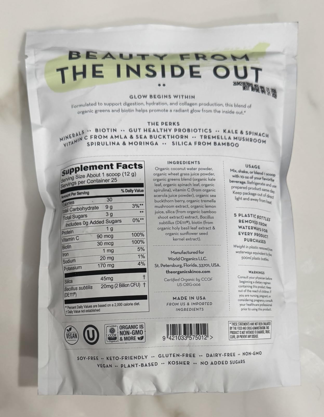 Organic Greens Powder Drink Mix | Skin & Gut Health USDA Organic Superfood Blend Probiotics Digestive Enzymes Tremella Mushroom Biotin Vitamin C & Bamboo Silica Vegan Glow Greens Unflavored 25 Serving customer photo 1