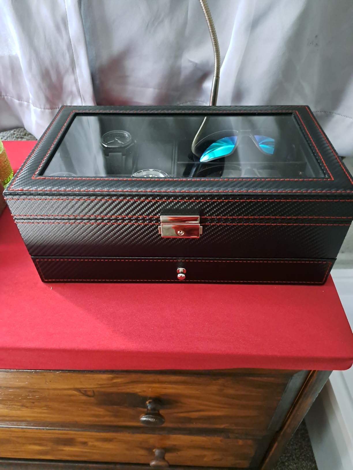 Kukikan Mens Jewelry Box Organizer, 6 Watch Slots & 3 Sunglasses -All Black | 2-Layer Lockable Watch Case for Men, Large Glass Lid, Mens Room Accessories Jewelry Case, Watch Display Holder with Drawer customer photo 1