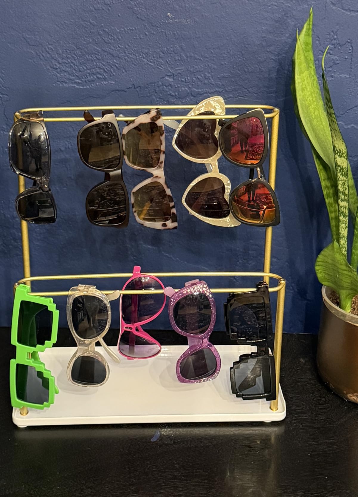 Sunglasses Organizer Glasses Holder Stand with Tray, Eye Glasses Display, 2 Tier Sunglass Storage Rack for Multiple Glasses, for Desk, Nightstand, Dresser, Vanity, Metal, Gold customer photo 1