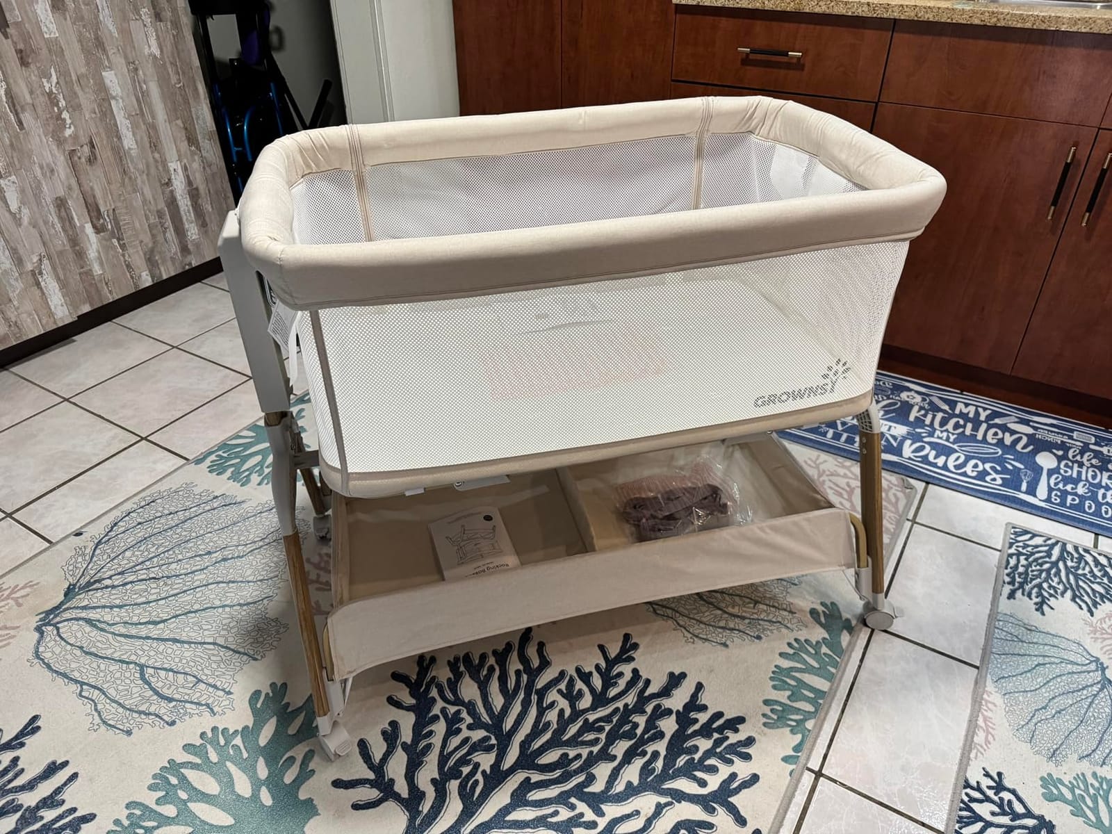 GROWNSY 5-in-1 Baby Bassinet Bedside Sleeper with Gentle Rocking Mode Beige | 6 Adjustable Heights, Full Breathable Mesh, Convertible to Portable Crib, Bassinets with Mattress & Wheels, Beige customer photo 2