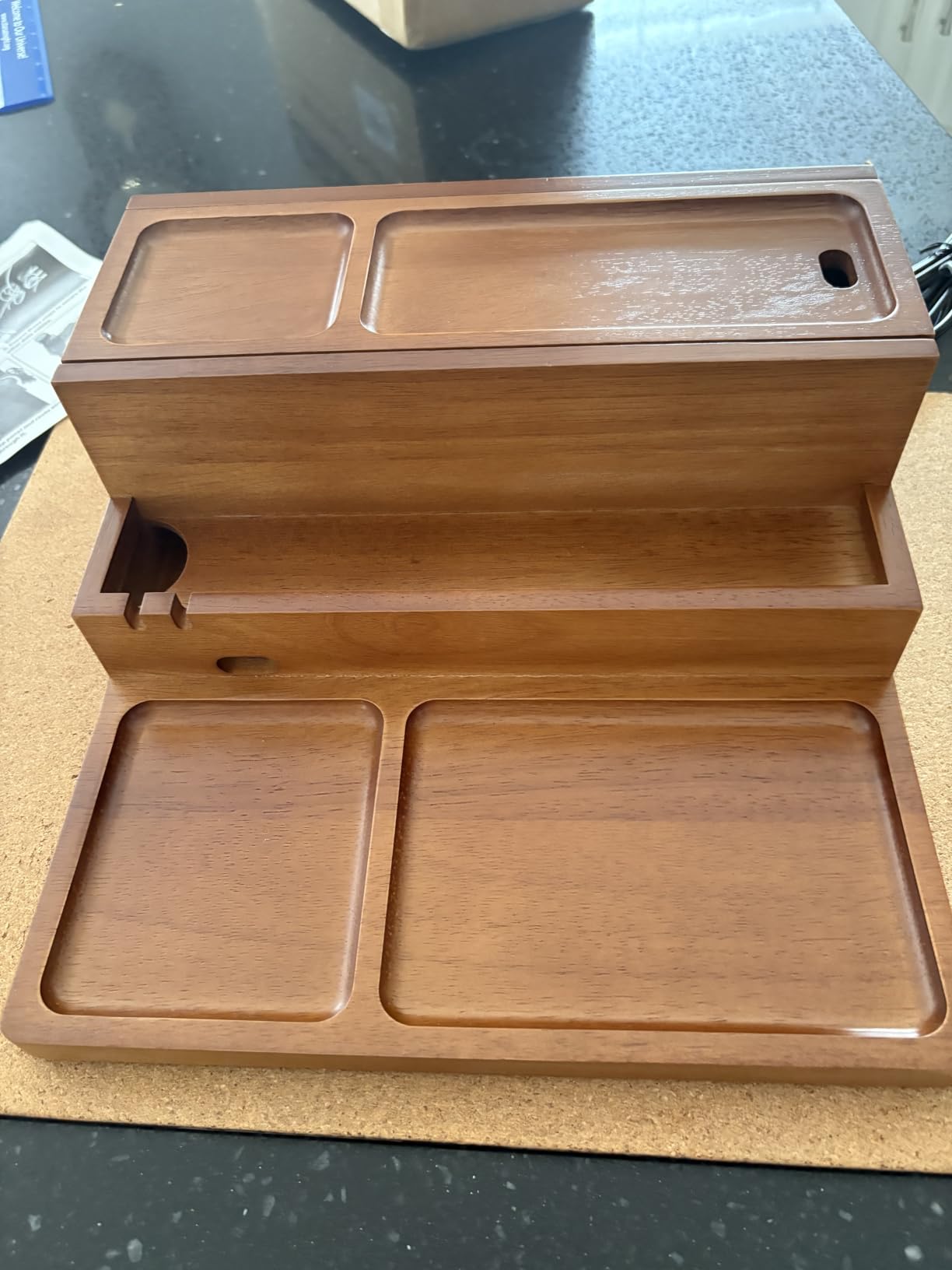Valet Tray, Nightstand Organizer with Charging Station - 3 Layer Wood (Stylish Brown) customer photo 1
