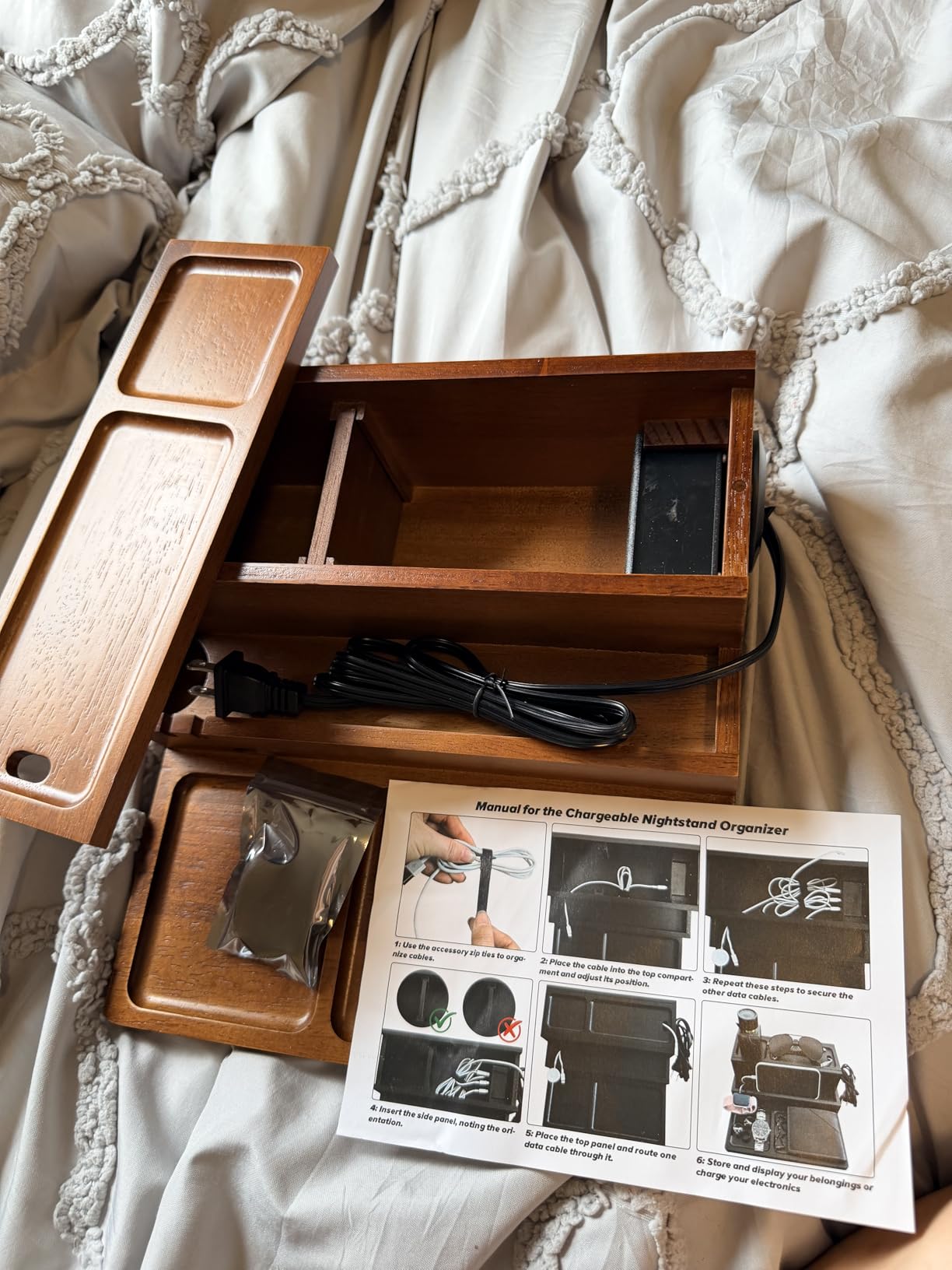 Valet Tray, Nightstand Organizer with Charging Station - 3 Layer Wood (Stylish Brown) customer photo 2