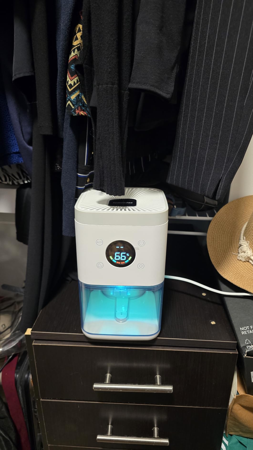Small Dehumidifier for Bedroom - 63oz 35dB Quiet Auto Dehumidify (60/70%) & Continuous Mode for Bathroom Closet RV, Auto Defrost & Auto Shut-Off, 7-Color Flowing Night Light & Timer, Portable - White customer photo 1