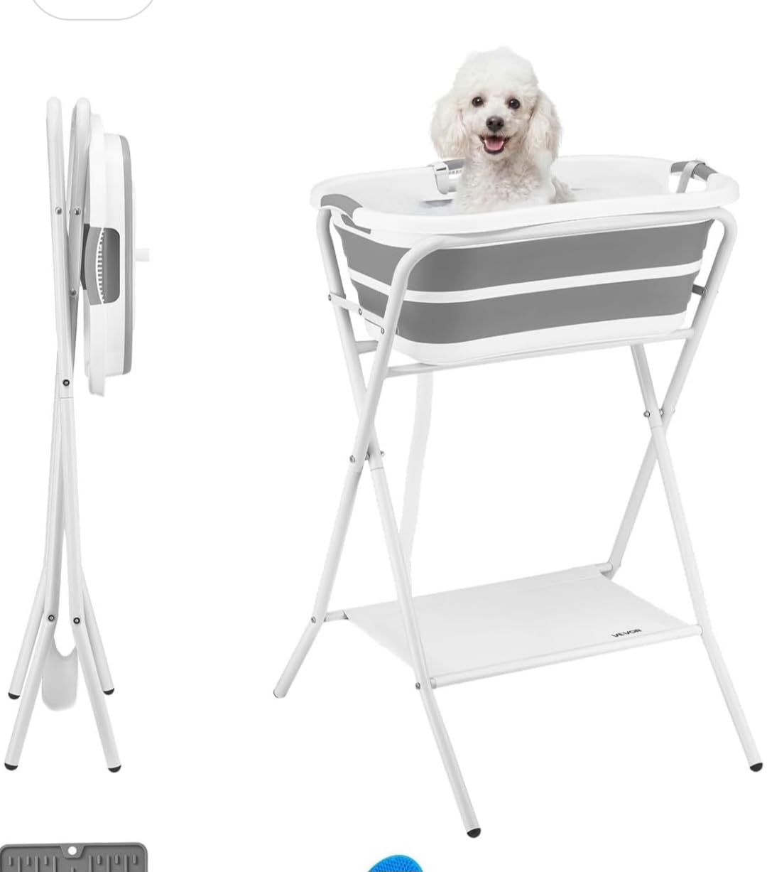 VEVOR Dog Bathtub, Elevated Dog Bath Tub, 2 in 1 Collapsible Pet Bathing Grooming Wash Station, Portable Foldable Space-Saving, Built-in Drain Outlet with Drain Hose for Small Pet Cat, Gray & White customer photo 1