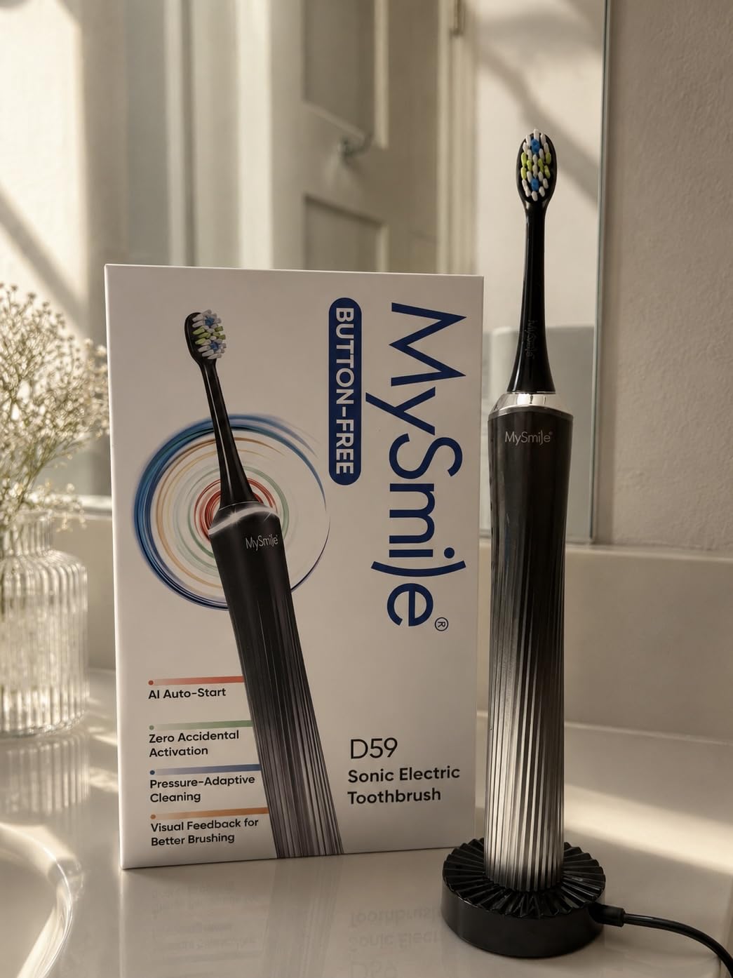MySmile MS-D59 Button-Free Pressure Sensor Electric Toothbrush for Adults | Rechargeable Sonic Tooth Brushes Travel w/ Visual Light, 3 Heads & a Charging Pad, Plaque Removal & Gum Care, Glacier Noir customer photo 2