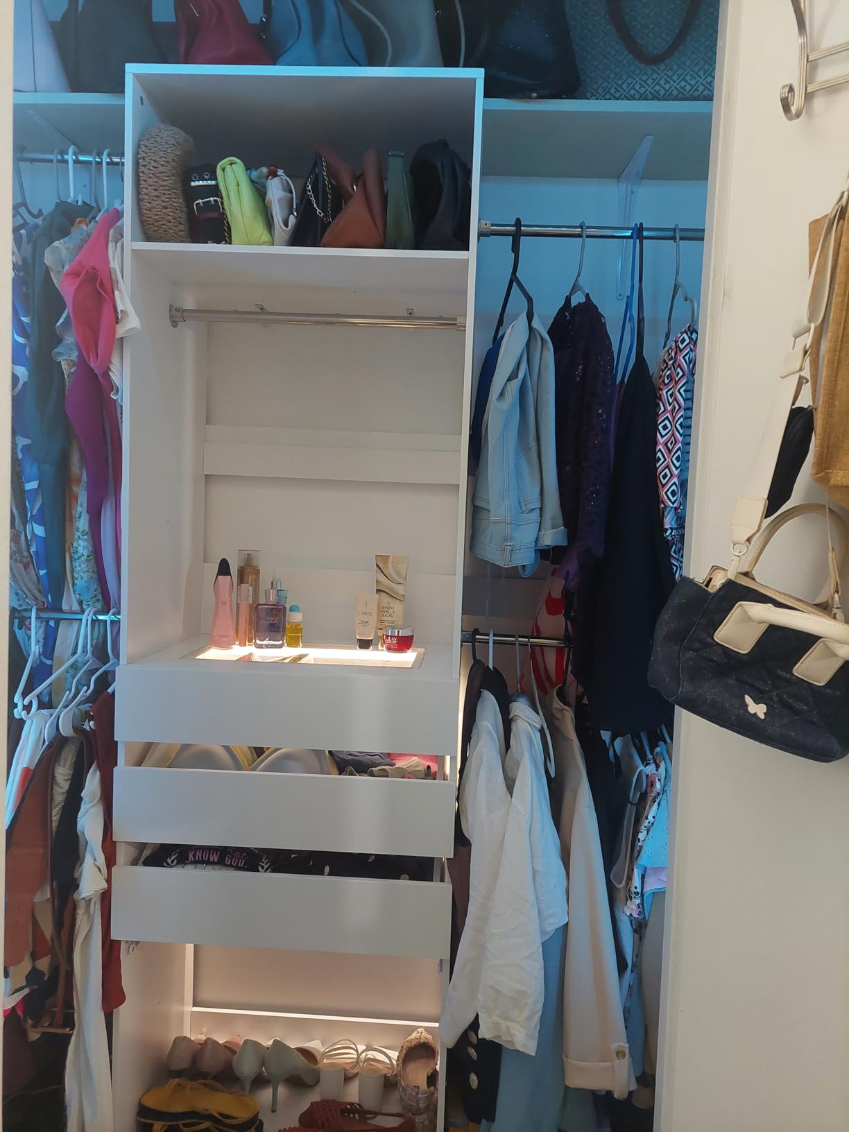 HUAHUU Large Corner Closet System with 3 Drawers and 6 Shelves, 77'' Reversible Closet Organizer System with LED Lights & 8 Jewelry Hooks, White Walk-in Closet with 3 Hanging Rods, L Shaped/Straight customer photo 1