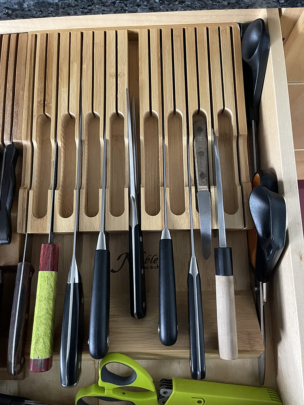 In-Drawer Bamboo Knife Block Holds 16 Knives (Not Included) Without Pointing Up PLUS a Slot for your Knife Sharpener! Noble Home & Chef Knife Organizer Made from Quality Moso Bamboo customer photo 1