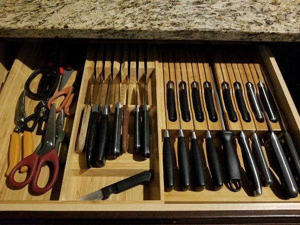 In-Drawer Bamboo Knife Block Holds 16 Knives (Not Included) Without Pointing Up PLUS a Slot for your Knife Sharpener! Noble Home & Chef Knife Organizer Made from Quality Moso Bamboo customer photo 2