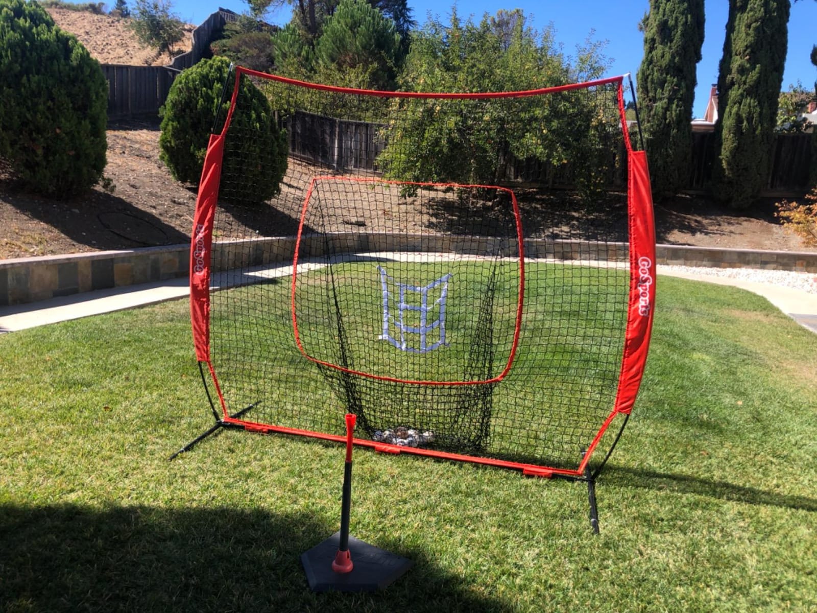 GoSports 7 ft x 7 ft Baseball & Softball Nets - Red, Black, Drip or PRO - Practice Hitting & Pitching Net with Bow Type Frame, Carry Bag and Strike Zone, Great for All Skill Levels customer photo 1