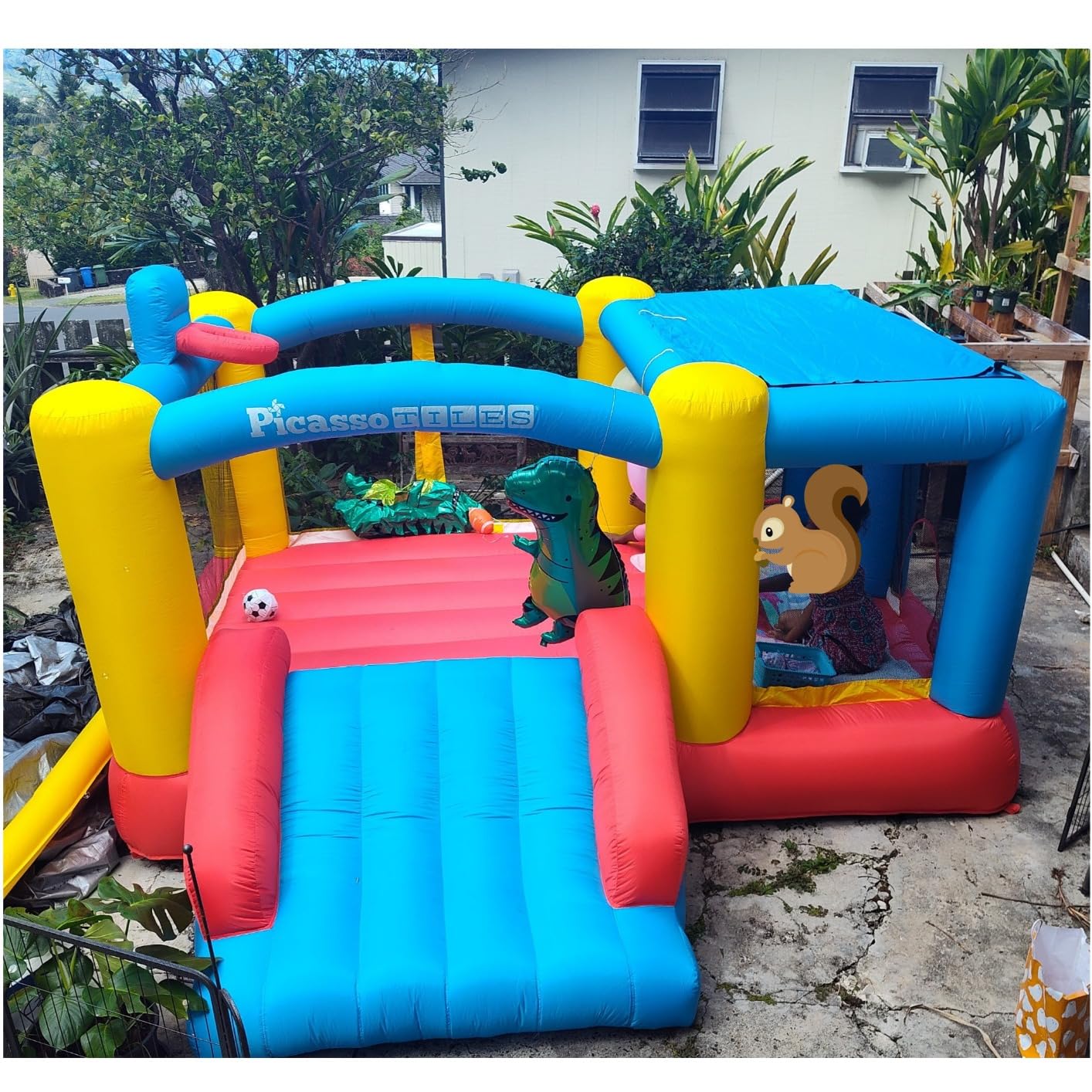 [Upgrade Version] PicassoTiles KC102 12x10 Foot Inflatable Bouncer Jumping Bouncing House, Jump Slide, Dunk Playhouse w/Basketball Rim, 4 Sports Balls, Full-Size Entry, 580W ETL Certified Blower | 4 sports balls included, retractable sun shade canopy, ETL-certified 580-watt blower, quick 2-minute setup, ages 3 and up customer photo 1