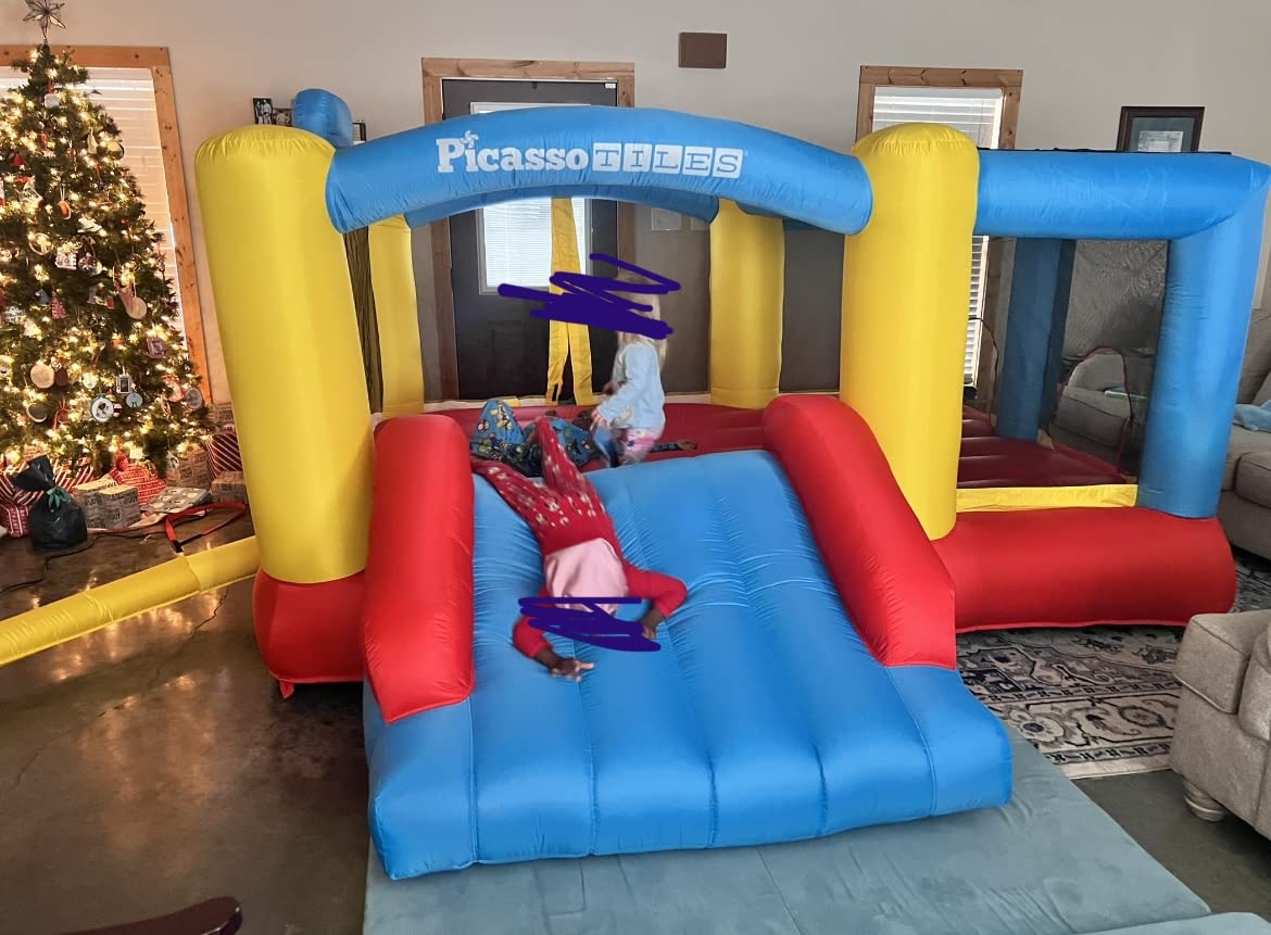 [Upgrade Version] PicassoTiles KC102 12x10 Foot Inflatable Bouncer Jumping Bouncing House, Jump Slide, Dunk Playhouse w/Basketball Rim, 4 Sports Balls, Full-Size Entry, 580W ETL Certified Blower | 4 sports balls included, retractable sun shade canopy, ETL-certified 580-watt blower, quick 2-minute setup, ages 3 and up customer photo 2