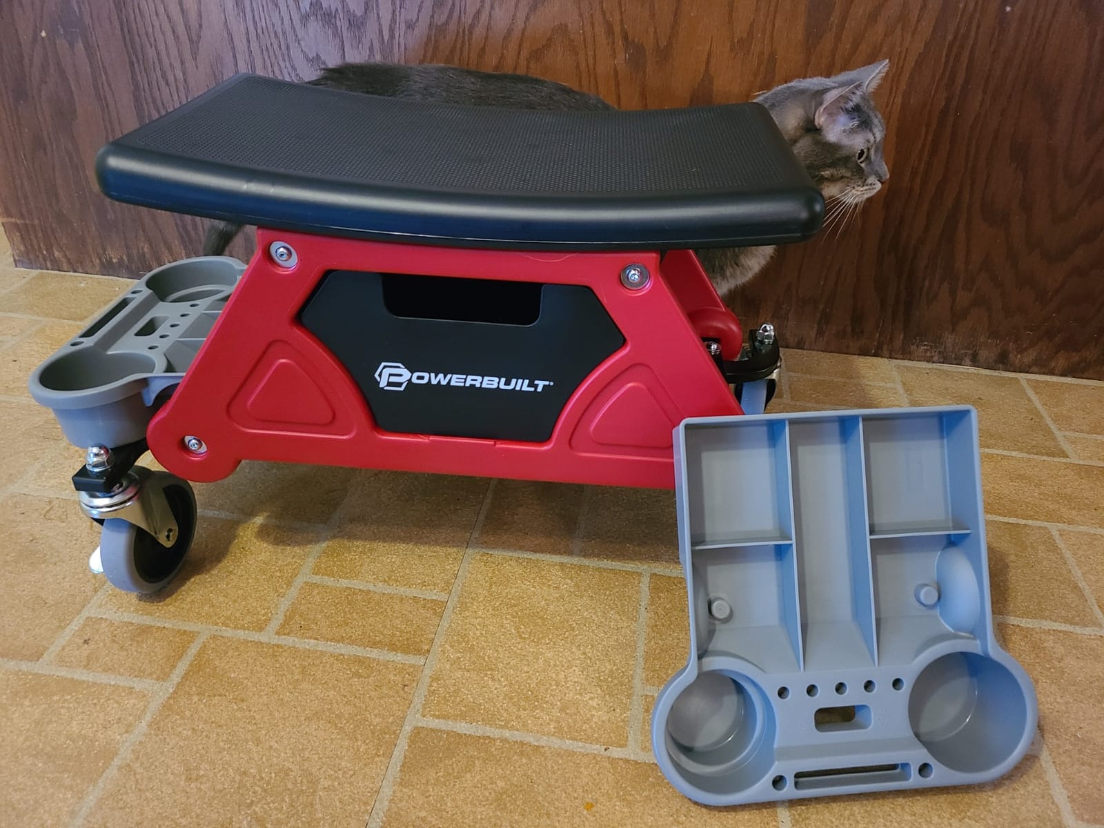 Powerbuilt Heavy Duty Roller Mechanics Seat and Brake Stool with 4-in. Rubber Swivel Casters Roll Over Anything, Big Seating Platform, Slide Out Tool Trays and Drawer 300 lb. Capacity – 240036 customer photo 1