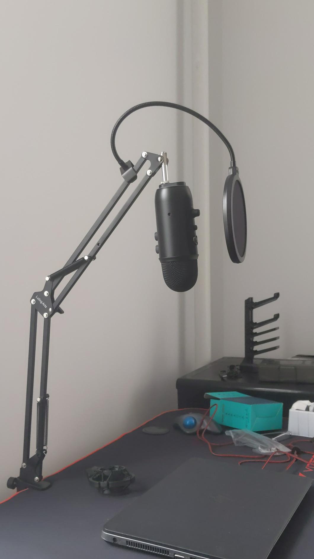 Microphone Stand for Blue Yeti, Quadcast Boom Arm Scissor Mic Stand with Windscreen and Double layered screen Pop Filter Heavy Duty Mic Boom Scissor Arm Stands, Broadcasting and Recording.Game customer photo 1