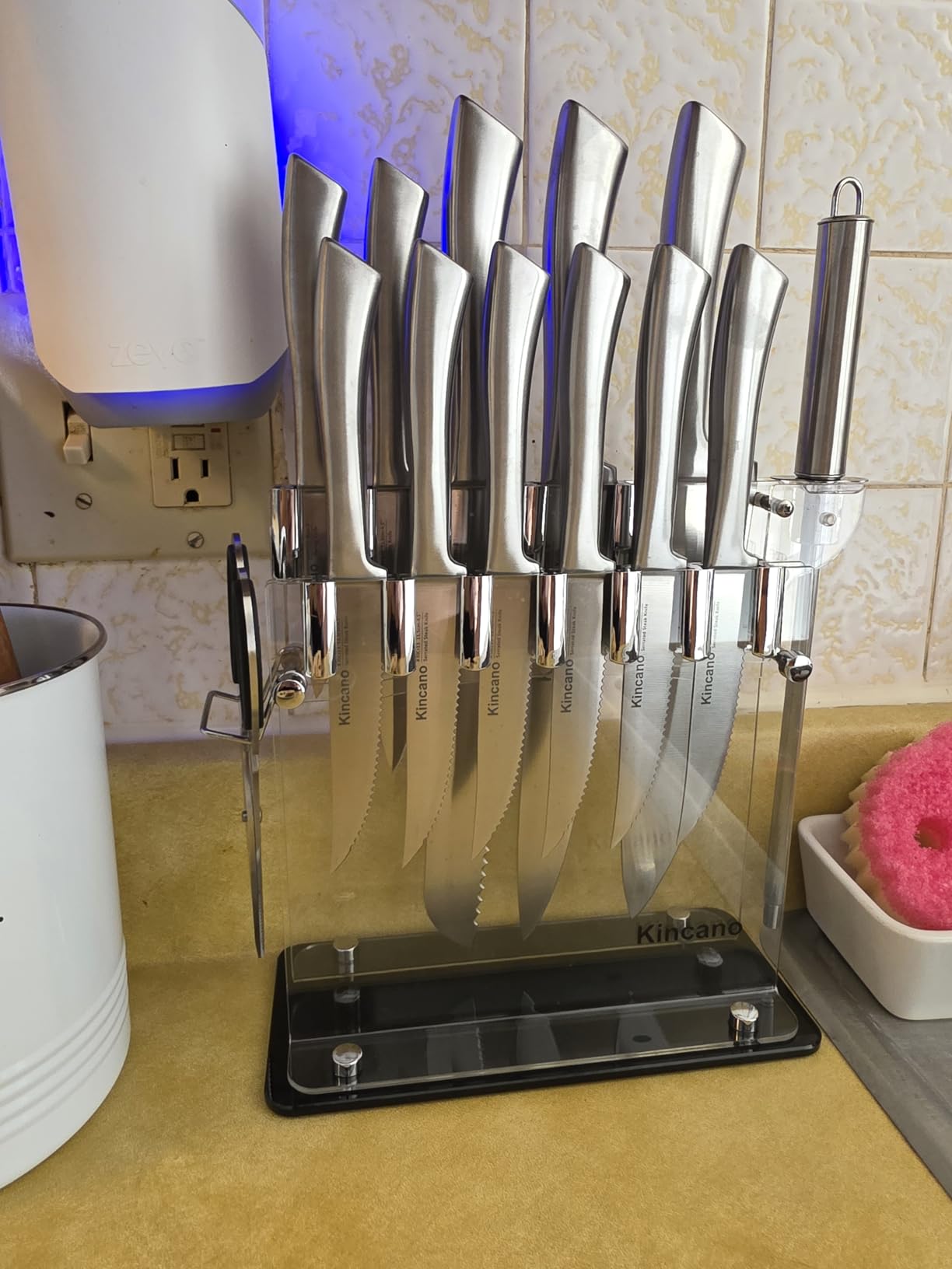 Knife Set, 14 PCS High Carbon Stainless Steel Super Sharp Kitchen Knife Set for Chef with Acrylic Stand, include Steak Knives, Sharpener and Scissors, Ergonomical Design by kincano customer photo 1
