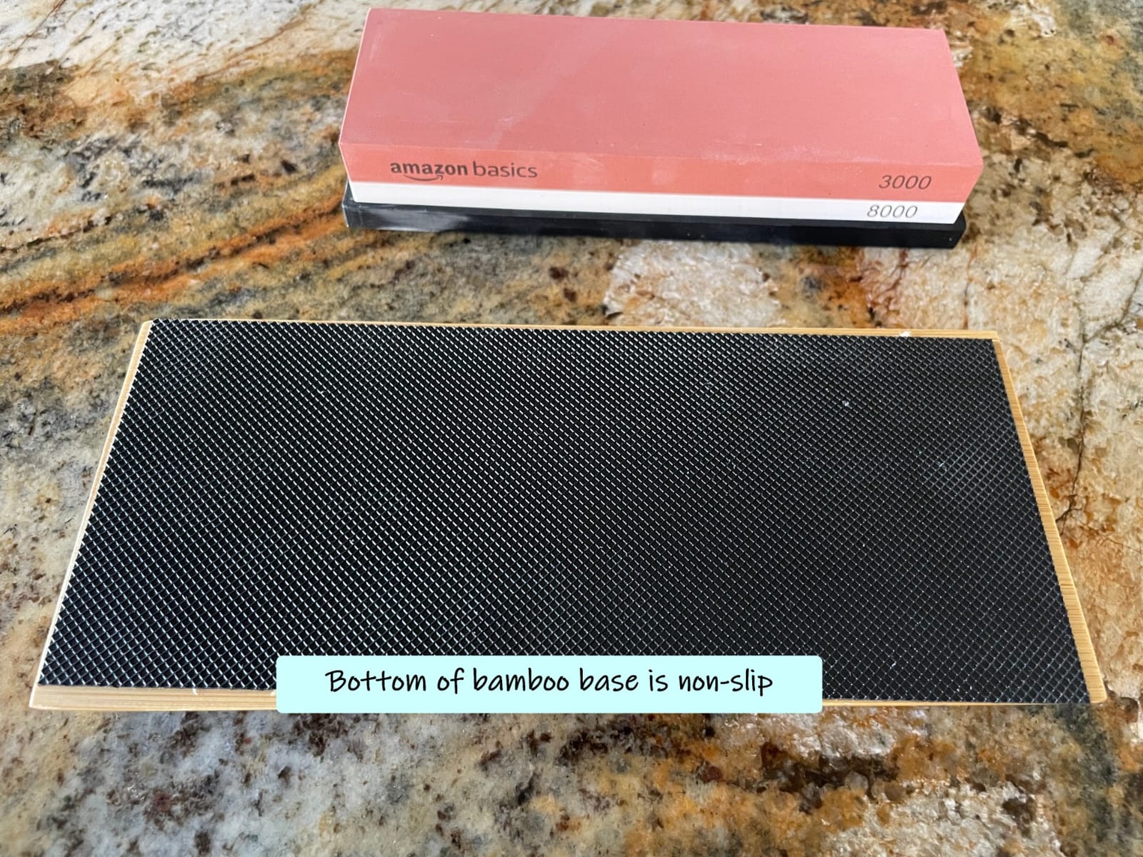 Amazon Basics Whetstone Knife Sharpening Stone Set, Double-sided 400/1000 and 3000/8000 Grit Stones, Flattening Stone with Angle Guide, Non-Slip Bamboo Base, 3 Count, Black & Grey customer photo 2