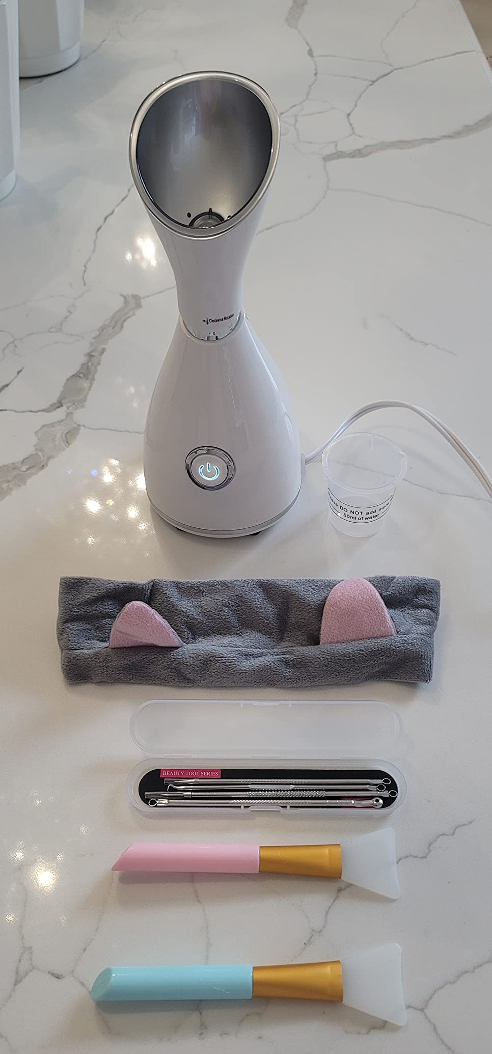Facial Steamer for Facial Deep Cleaning, Moisturize, Unclog Pores, Face Spa, Nano Ionic Humidifier, Home Facial Warm Mist Face Steamer with Blackhead Removal Kit, Brush, Hair Band customer photo 2