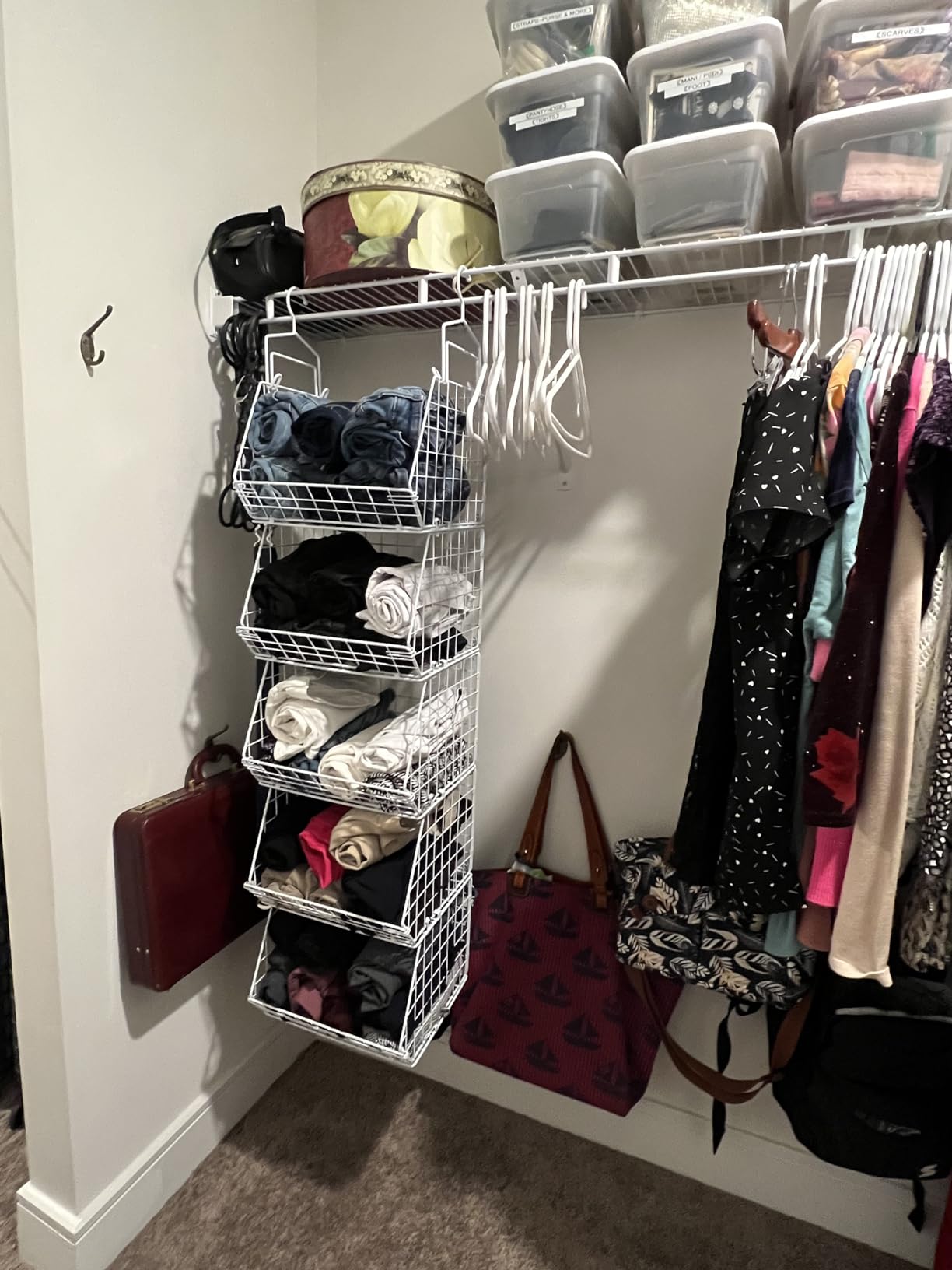 X-cosrack 5 Tier Closet Hanging Organizer, Clothes Hanging Shelves with 4 Hanging Hooks 5 S Hooks, Wire Storage Basket Bins, for Clothing Sweaters Shoes Handbags Clutches Accessories Patent Design customer photo 2