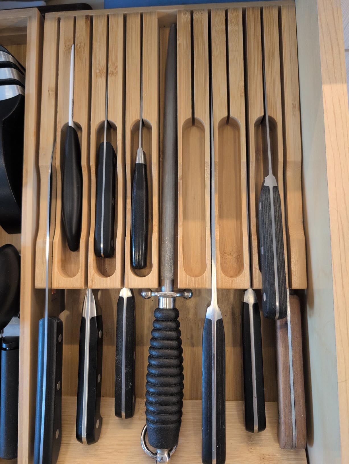 VaeFae Bamboo Knife Drawer Organizer, Knife Drawer Organizer Insert, Kitchen Drawer Knife Block for 12 Knives and a PLUS Slot for your Knife Sharpener (Without Knives) customer photo 2