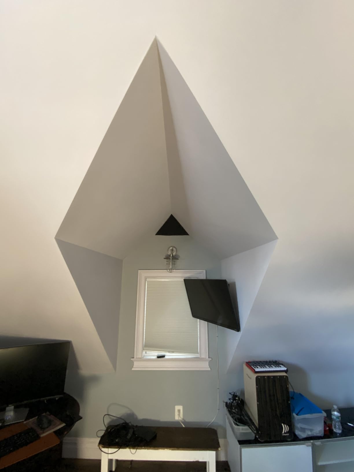 Foroomaco Triangular Pyramid Bass Traps for Ceiling Corners, 4 Pack, Black | 16.5 in face, 12 in deep sound absorbing acoustic foam for bass control in studios, podcast rooms and home theaters customer photo 2