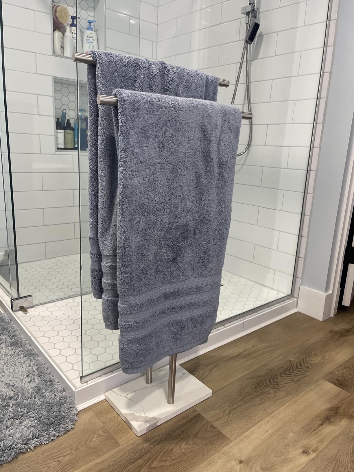 40 Inch Standing Towel Rack Double-T Shape Tall Bath Towel Sheet Holder with Marble Design Base for Bathroom Floor Next to Tub or Shower 2 Tier Towel Holder Stand Stainless Steel Brushed Nickel customer photo 1